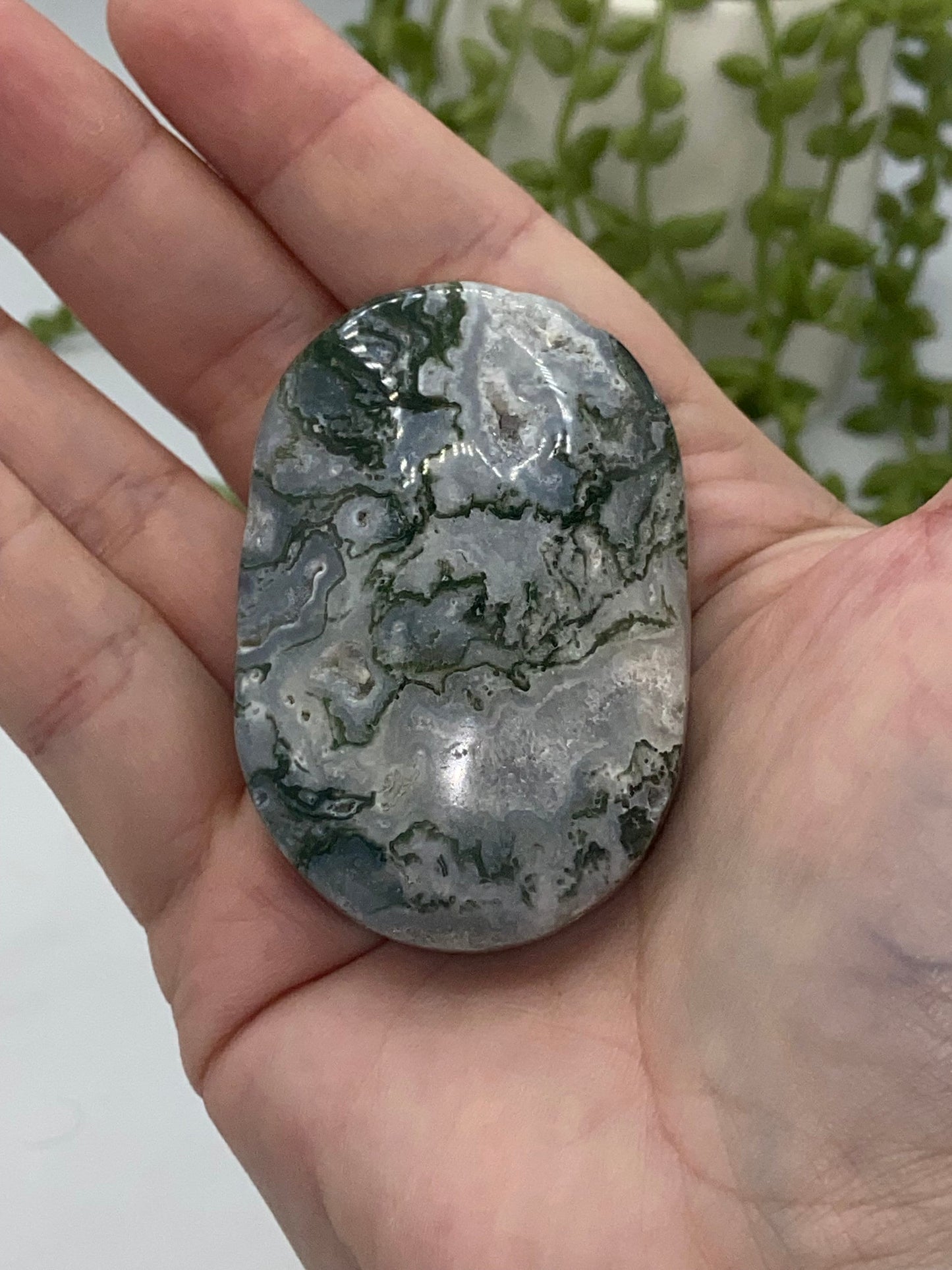 Light White With Green Moss Agate Druzy Palm Stone (D) Worry stone, Mocha stone, quartz inclusions