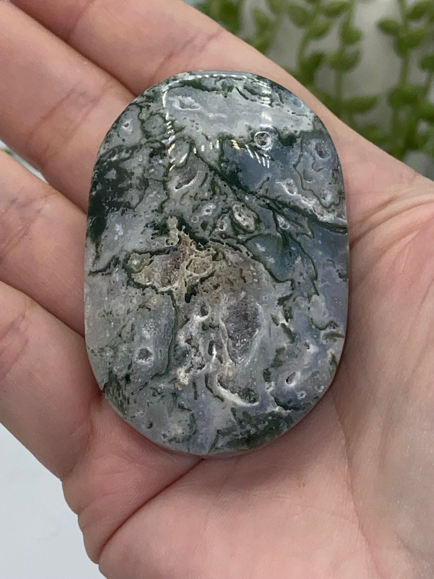 Light White With Green Moss Agate Druzy Palm Stone (D) Worry stone, Mocha stone, quartz inclusions