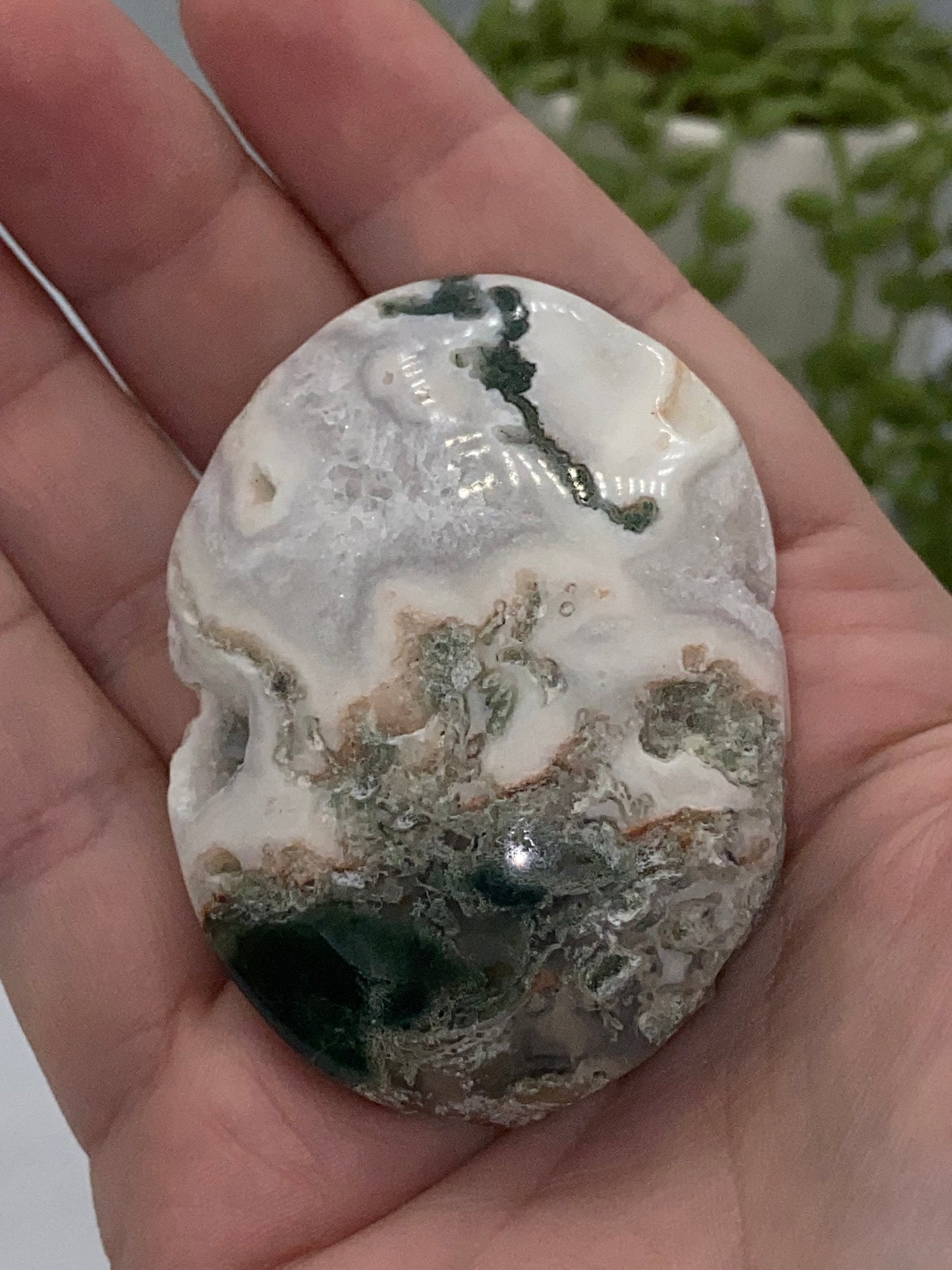 Light White With Green Moss Agate Druzy Palm Stone (F) Worry stone, Mocha stone, quartz inclusions