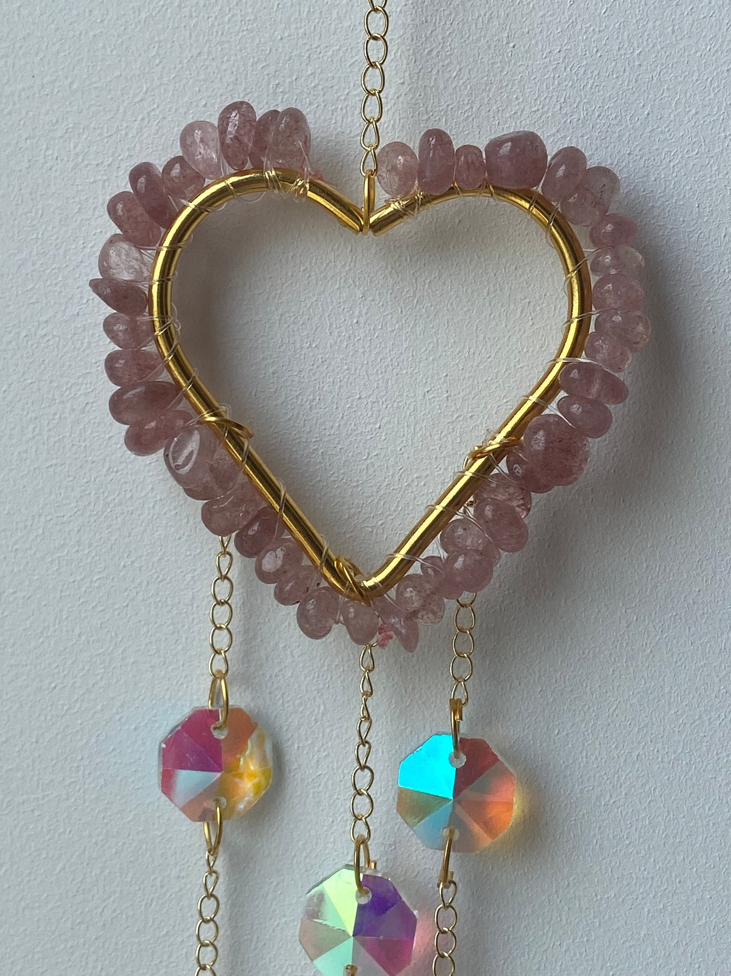 Crystal covered heart shaped suncatchers, citrine, strawberry quartz, suncatcher, wall hanging, window decor,