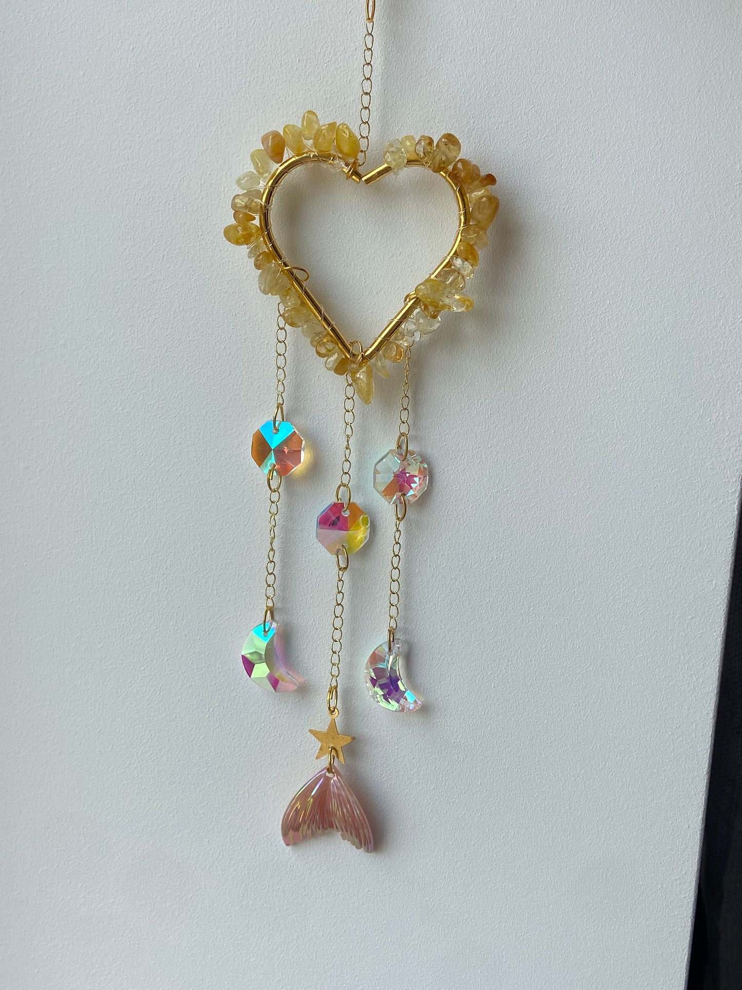 Crystal covered heart shaped suncatchers, citrine, strawberry quartz, suncatcher, wall hanging, window decor,