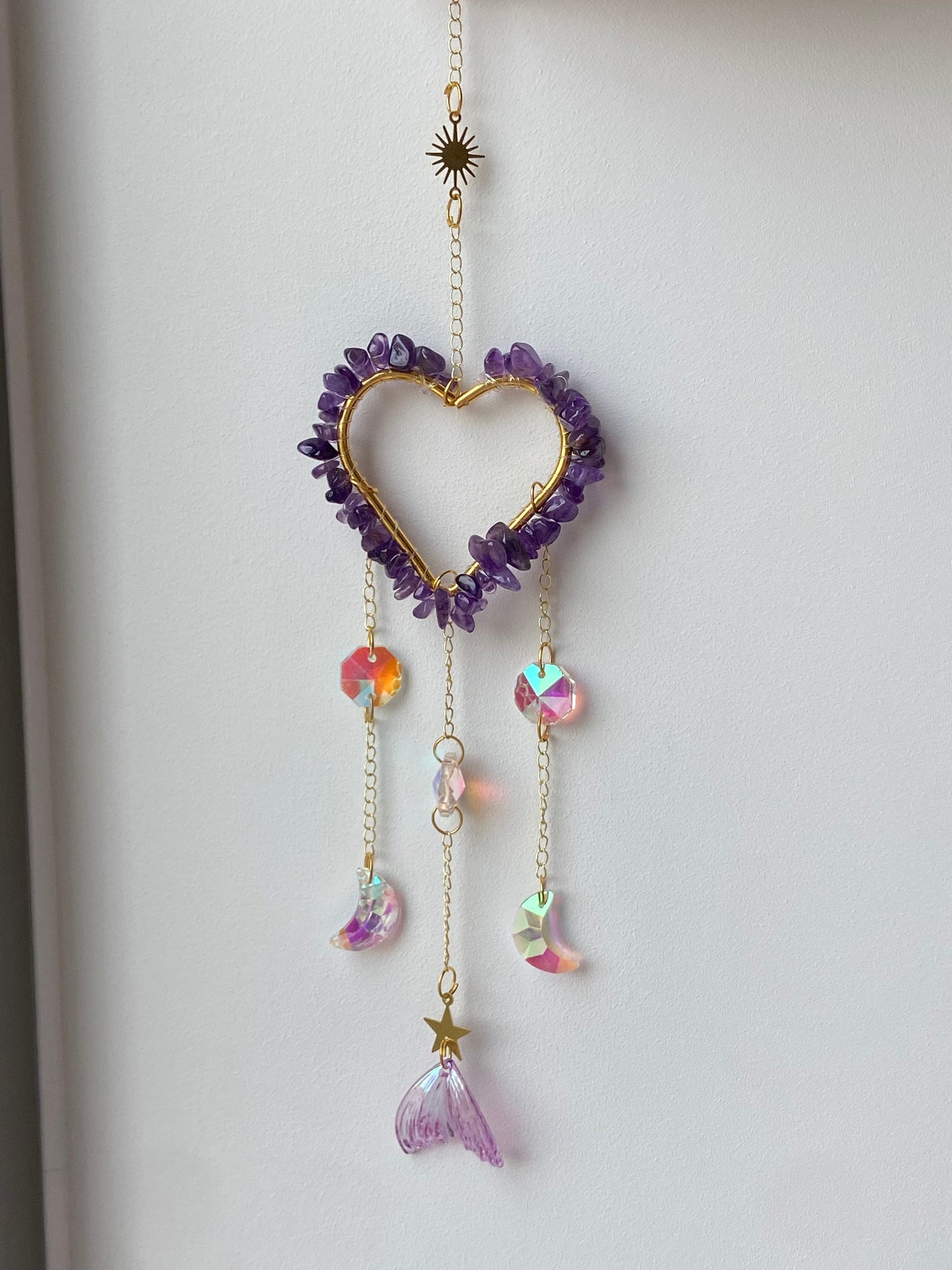 Crystal covered heart shaped suncatchers, Amethyst, Malachite, suncatcher, wall hanging, window decor,