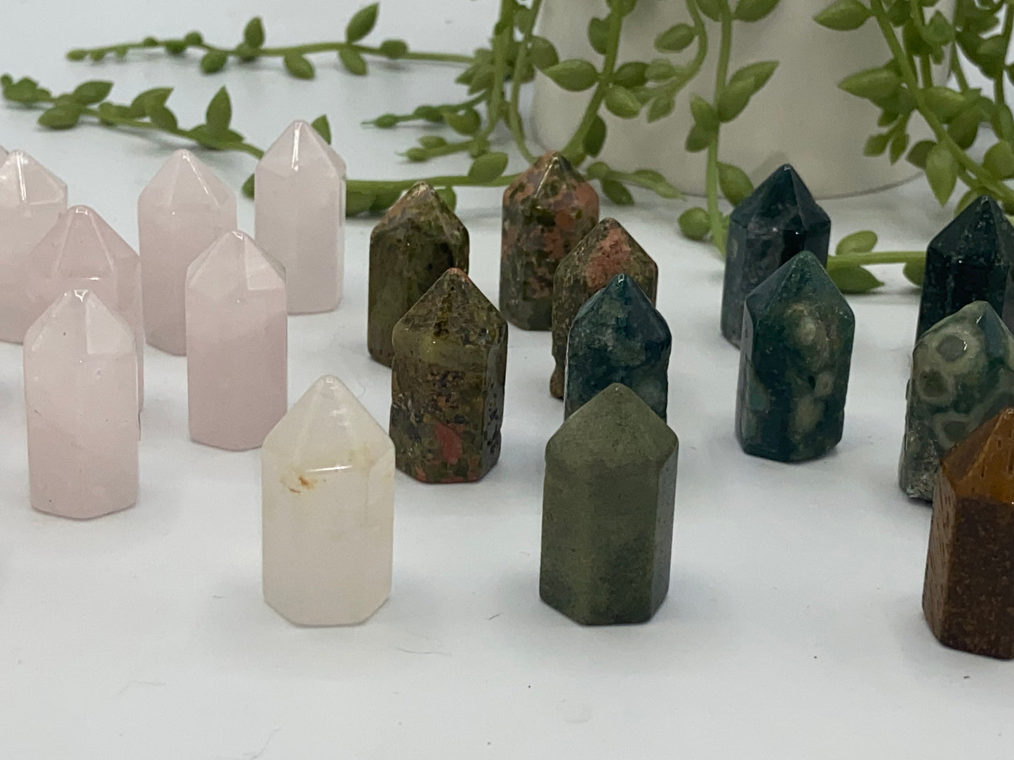 Mini Crystal tower, Crystal point, Rose Quartz, Clear Quartz, Ocean Jasper, Tigers Eye, Moss Agate, Adventurine, Mixed Mini Crystal Points