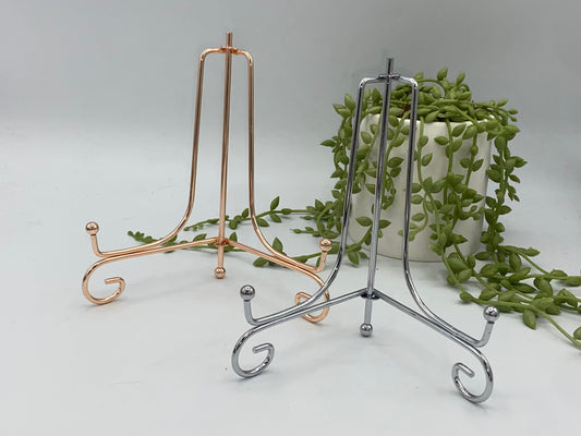 Decorative Iron Stand, 6 inch tall Silver or Rose Gold Metal Easel, Crystal slab display holder, gemstone specimen stand, plate stand