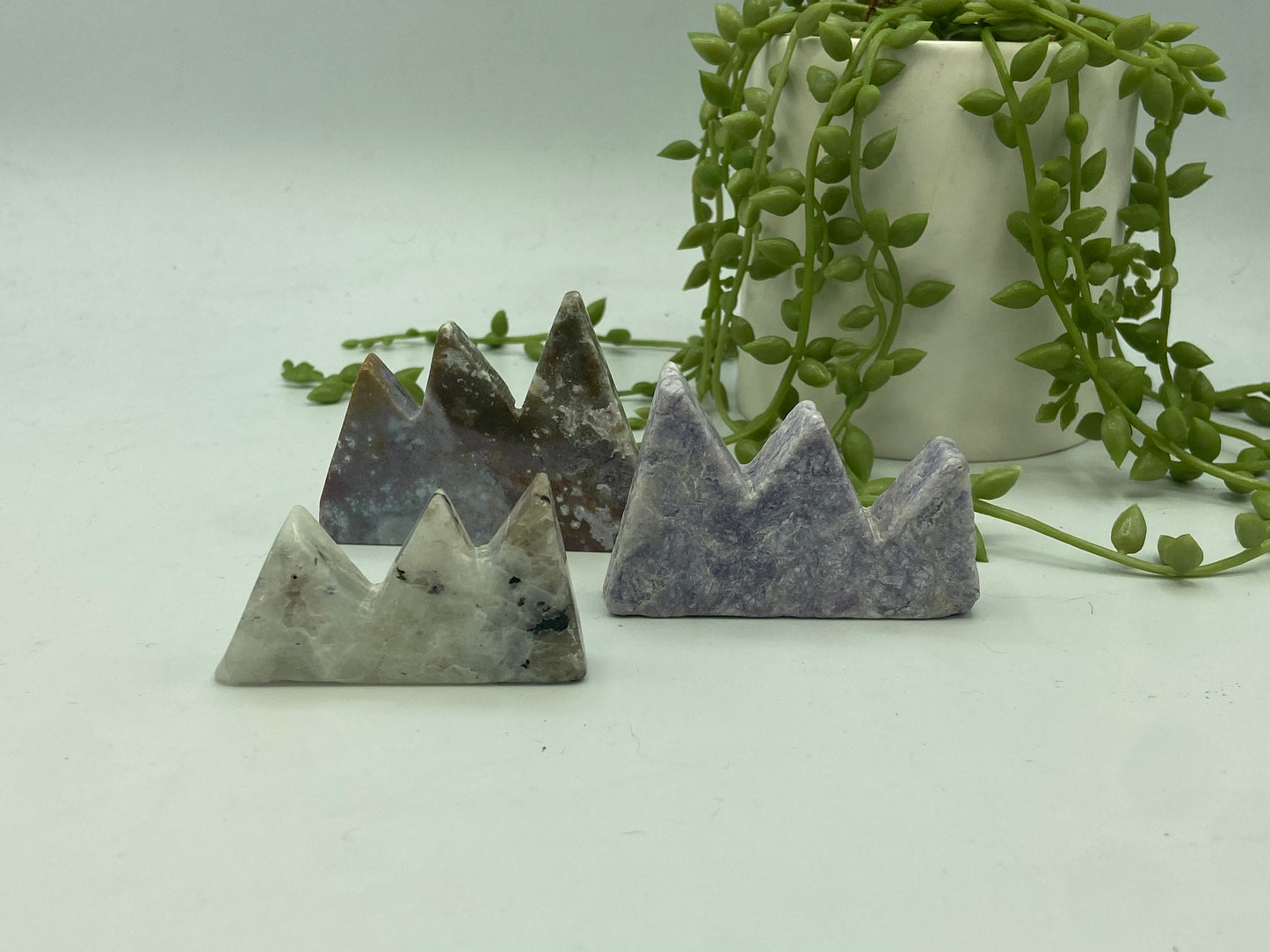 Crystal Mountain Carvings, Blue Moonstone, Lepidolite, Ocean Jasper, Crystal Carving Mountain Cutout Slab