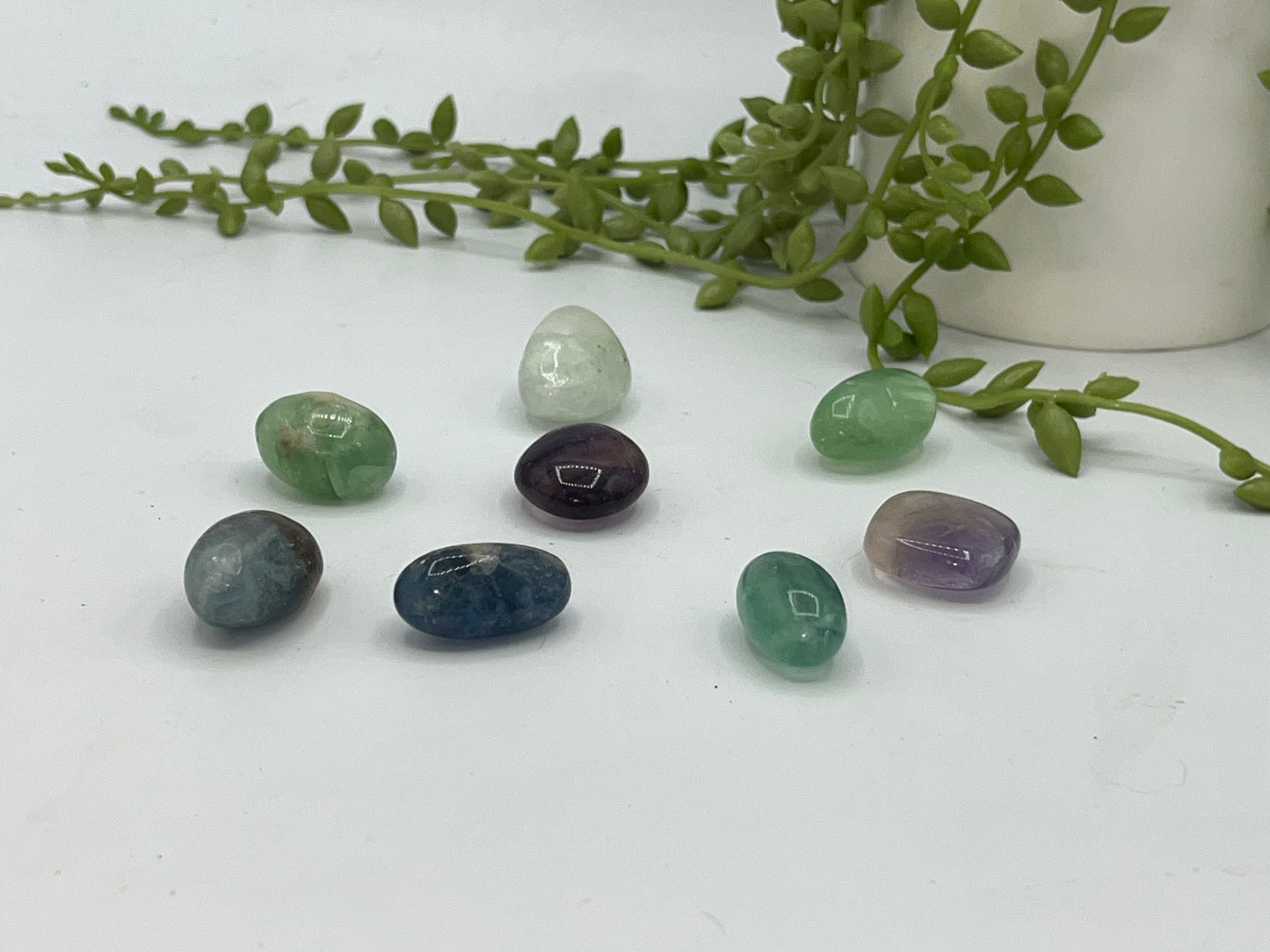 Fluorite tumble stones, multi coloured stones, picked at random, 3 different sizes available. Fluorspar,