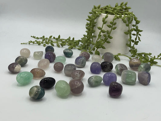 Fluorite tumble stones, multi coloured stones, picked at random, 3 different sizes available. Fluorspar,