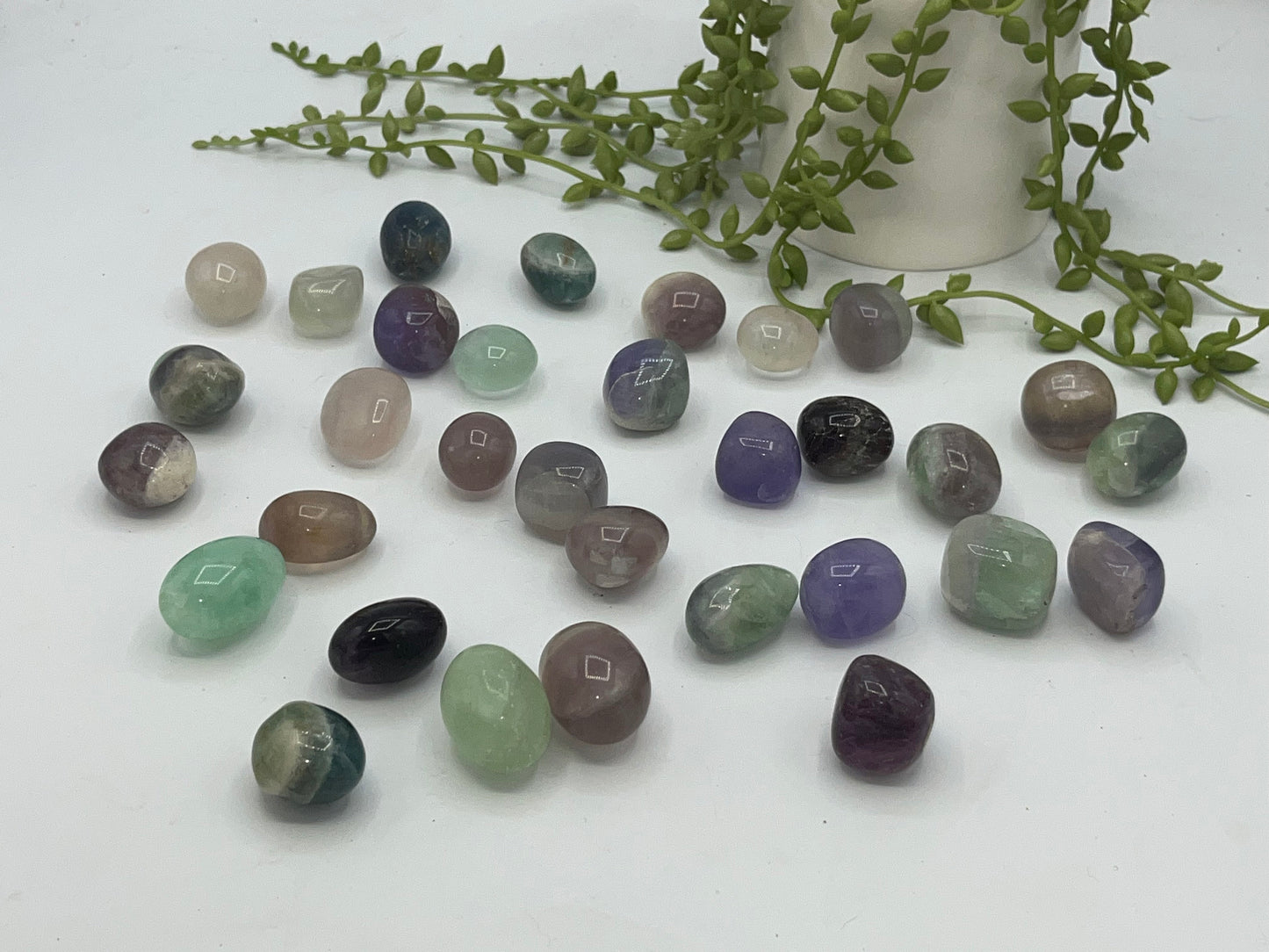 Fluorite tumble stones, multi coloured stones, picked at random, 3 different sizes available. Fluorspar,