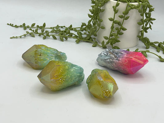 Aura pineapple quartz cluster, cactus quartz, Pink & Green Candlestick Quartz, aura coated quartz, celestial quartz