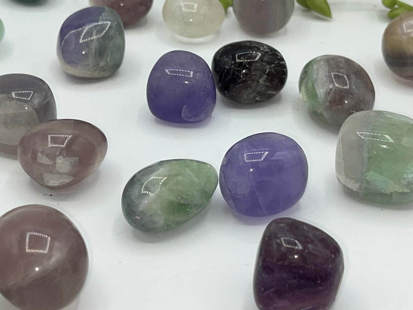 Fluorite tumble stones, multi coloured stones, picked at random, 3 different sizes available. Fluorspar,