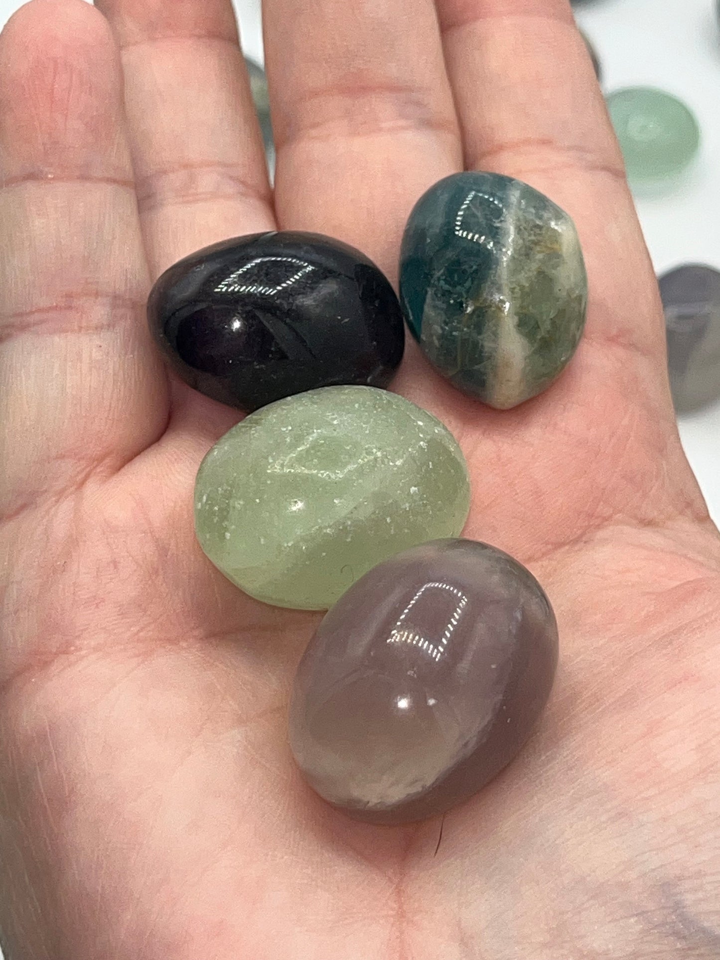 Fluorite tumble stones, multi coloured stones, picked at random, 3 different sizes available. Fluorspar,