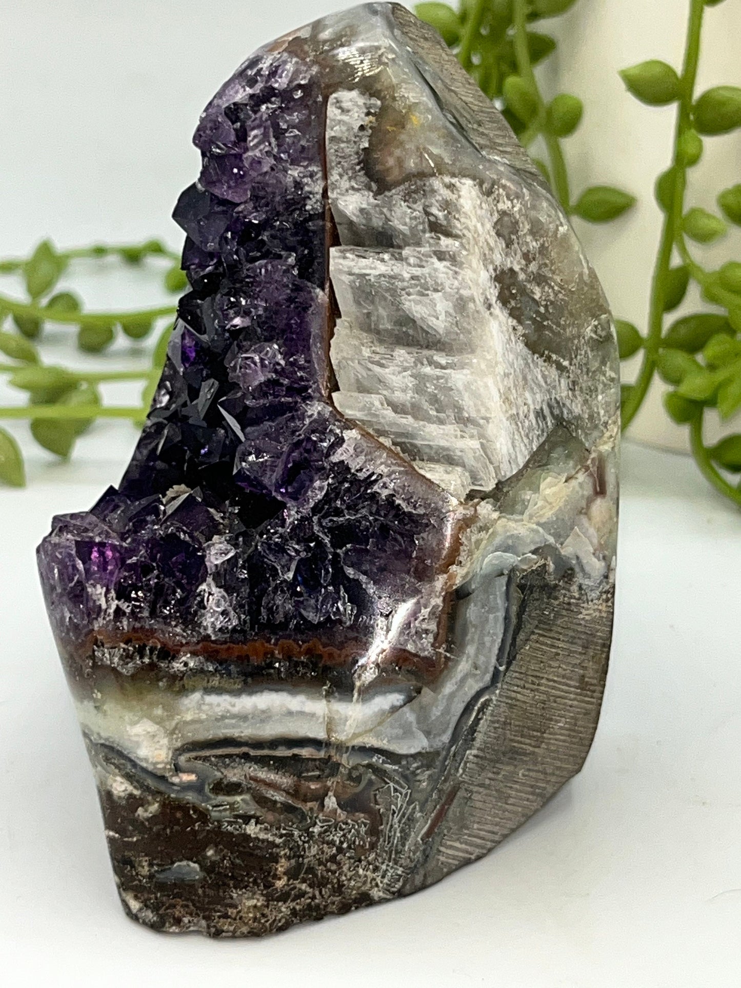 Very Special Purple Amethyst Free Form (I) sugar druzy cluster, Amethyst free form with Mexican Agate, Calcite & Goethite, Cathedral, Geode