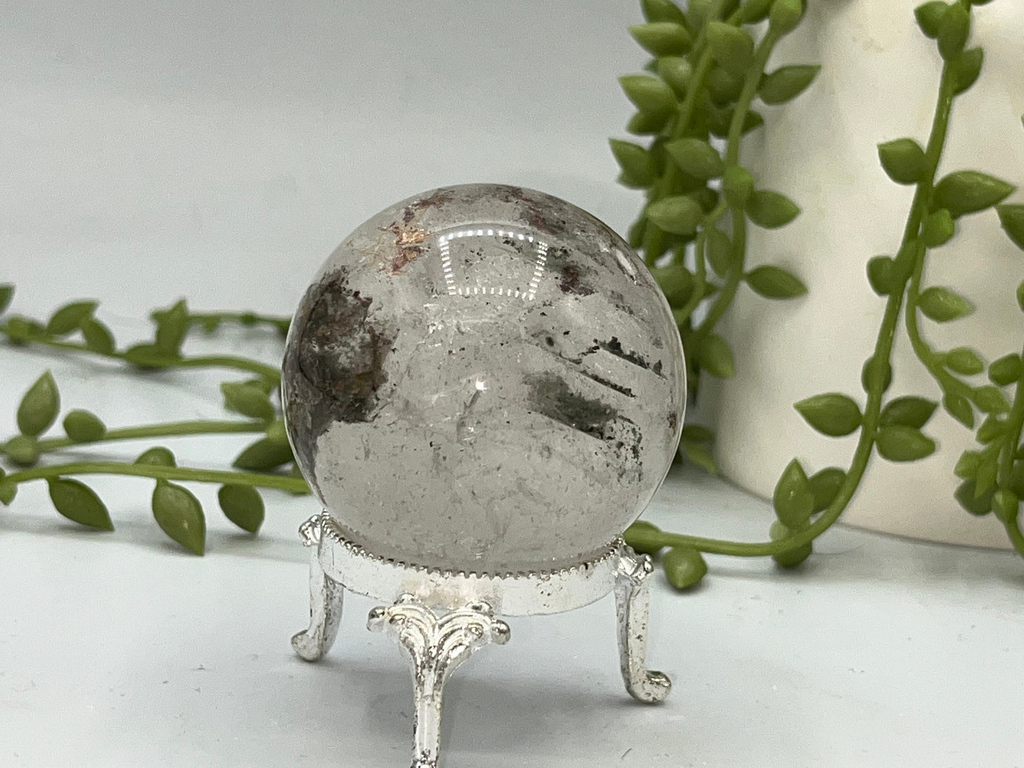 48.3mm Lodolite Garden Quartz Sphere, Garden Quartz Crystal, Floodlit Garden Quartz Sphere, Lodolite crystals, hematite feldspar quartz