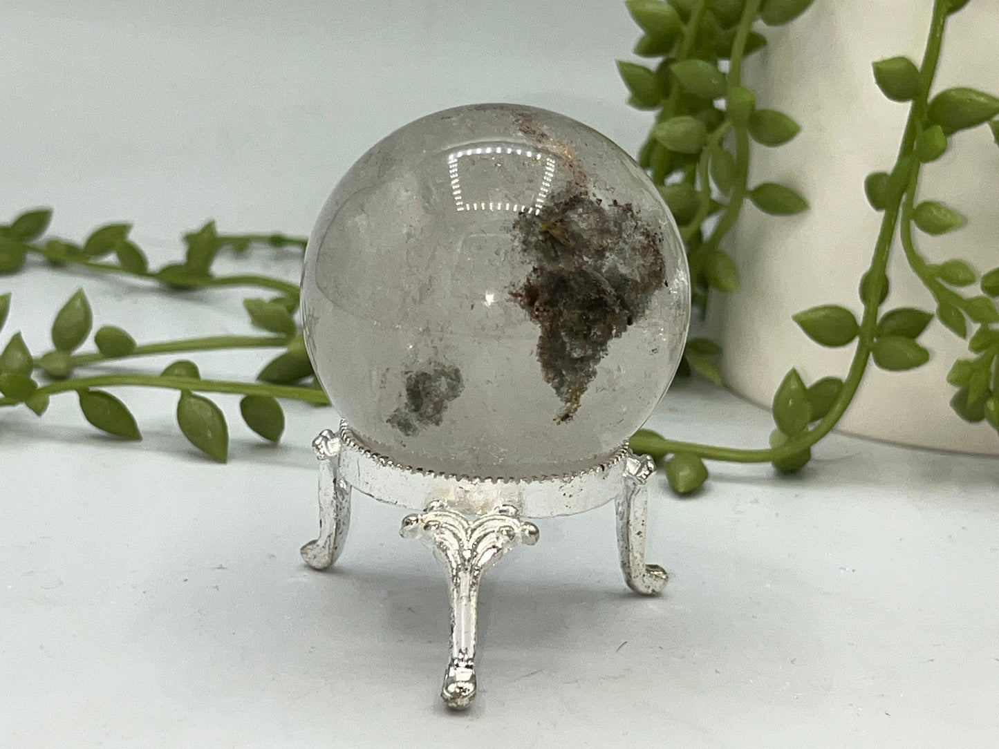 48.3mm Lodolite Garden Quartz Sphere, Garden Quartz Crystal, Floodlit Garden Quartz Sphere, Lodolite crystals, hematite feldspar quartz