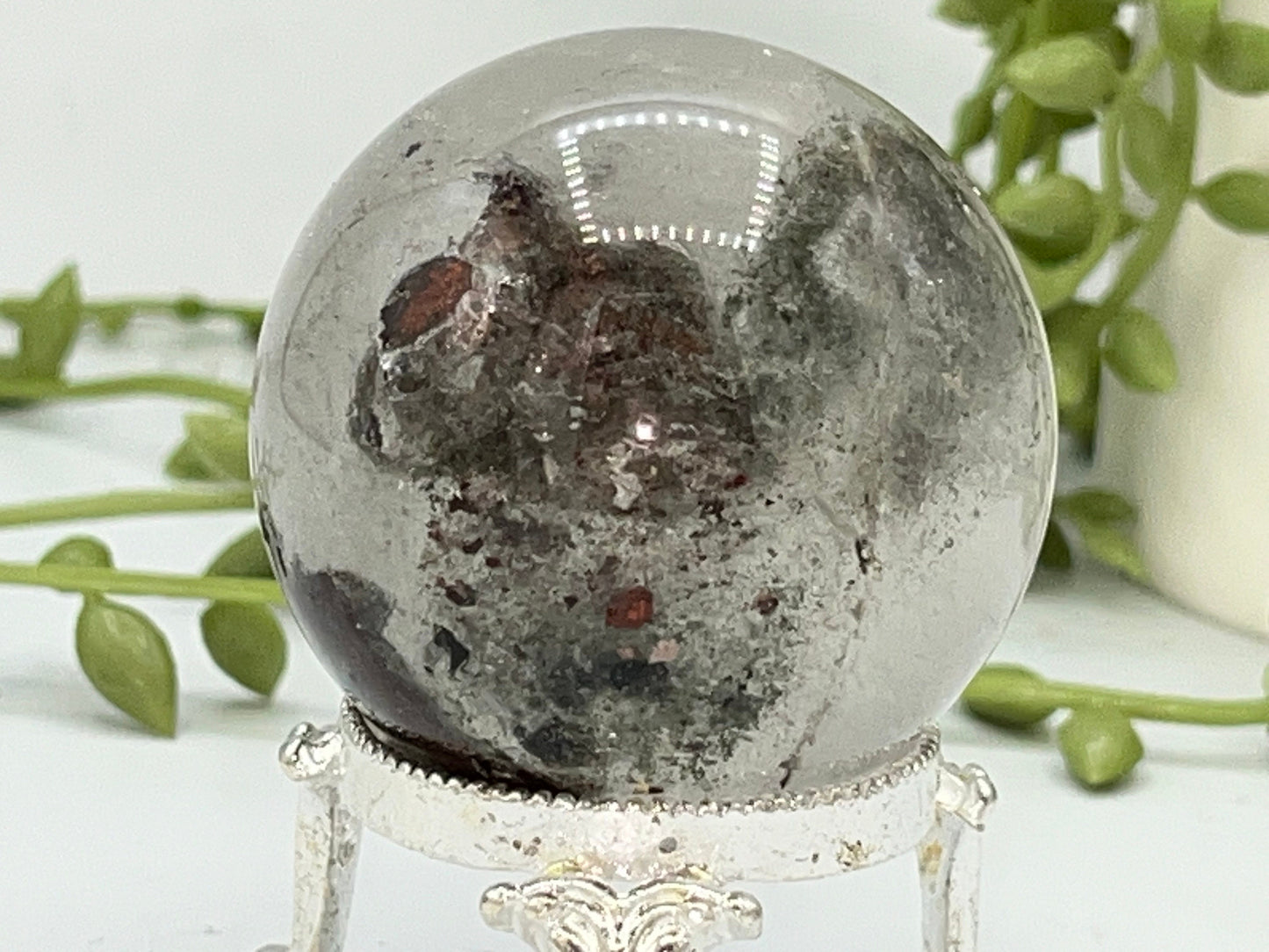 48.7mm Lodolite Garden Quartz Sphere, Garden Quartz Crystal, Floodlit Garden Lodolite crystals, hematite feldspar Men/Woman’s gift astrology