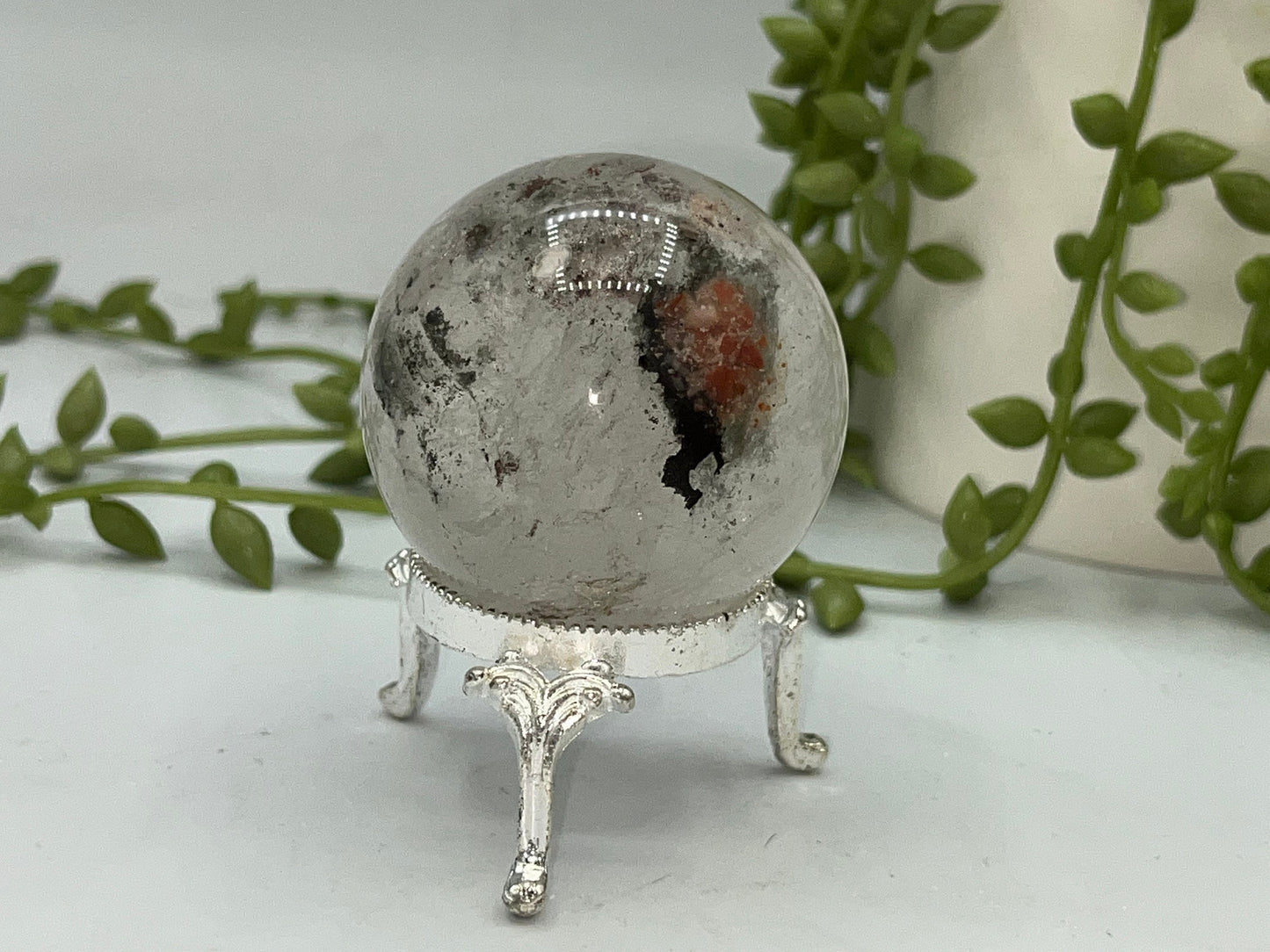 48.3mm Lodolite Garden Quartz Sphere, Garden Quartz Crystal, Floodlit Garden Quartz Sphere, Lodolite crystals, hematite feldspar quartz