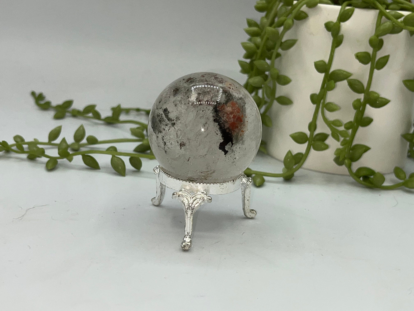 48.3mm Lodolite Garden Quartz Sphere, Garden Quartz Crystal, Floodlit Garden Quartz Sphere, Lodolite crystals, hematite feldspar quartz