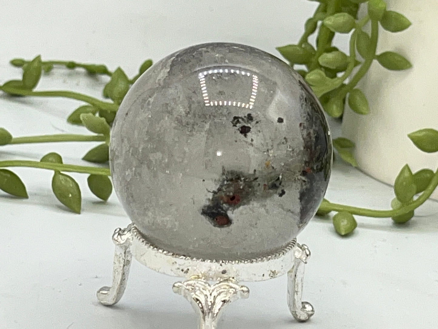 48.7mm Lodolite Garden Quartz Sphere, Garden Quartz Crystal, Floodlit Garden Lodolite crystals, hematite feldspar Men/Woman’s gift astrology