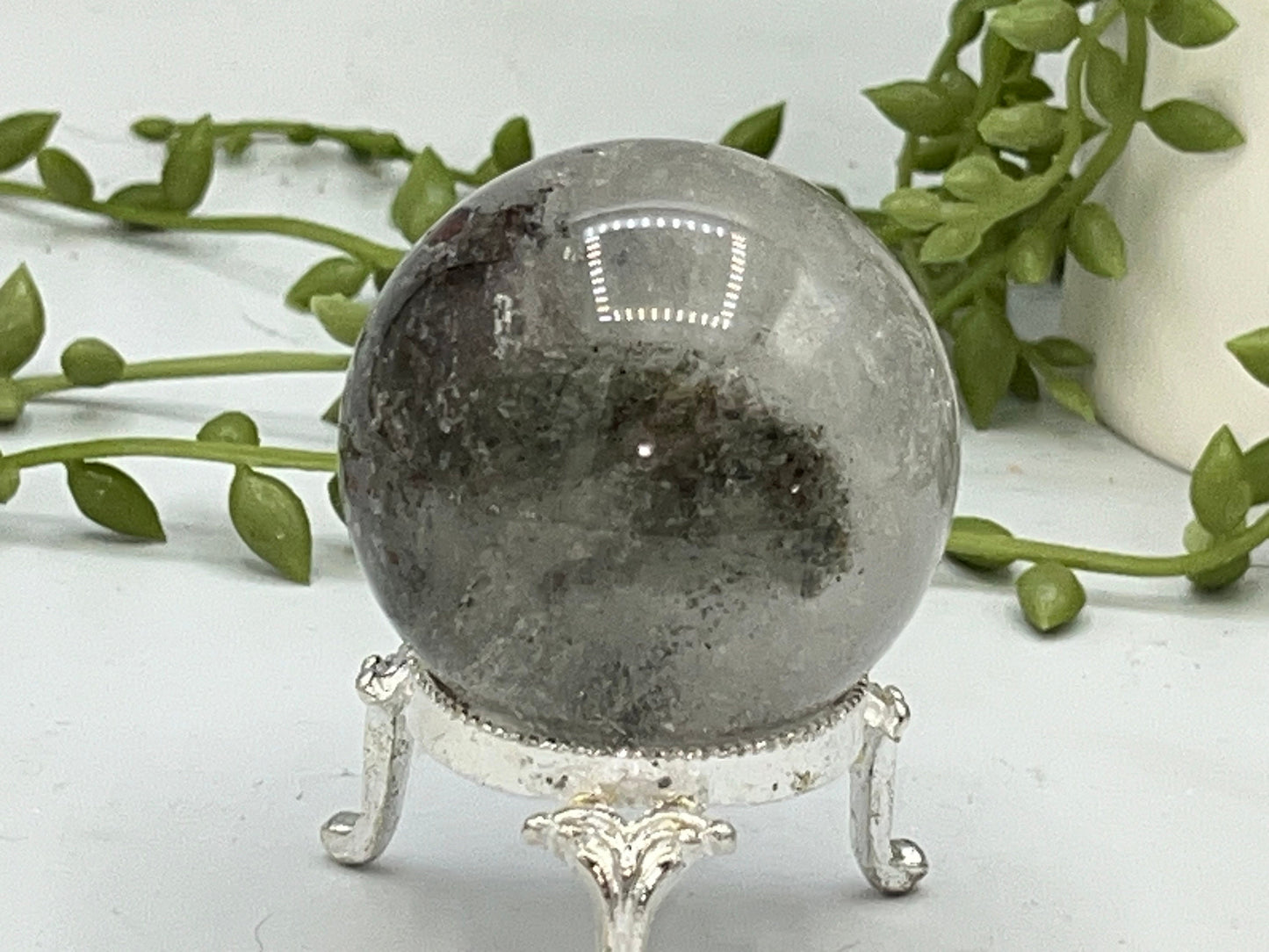 48.7mm Lodolite Garden Quartz Sphere, Garden Quartz Crystal, Floodlit Garden Lodolite crystals, hematite feldspar Men/Woman’s gift astrology