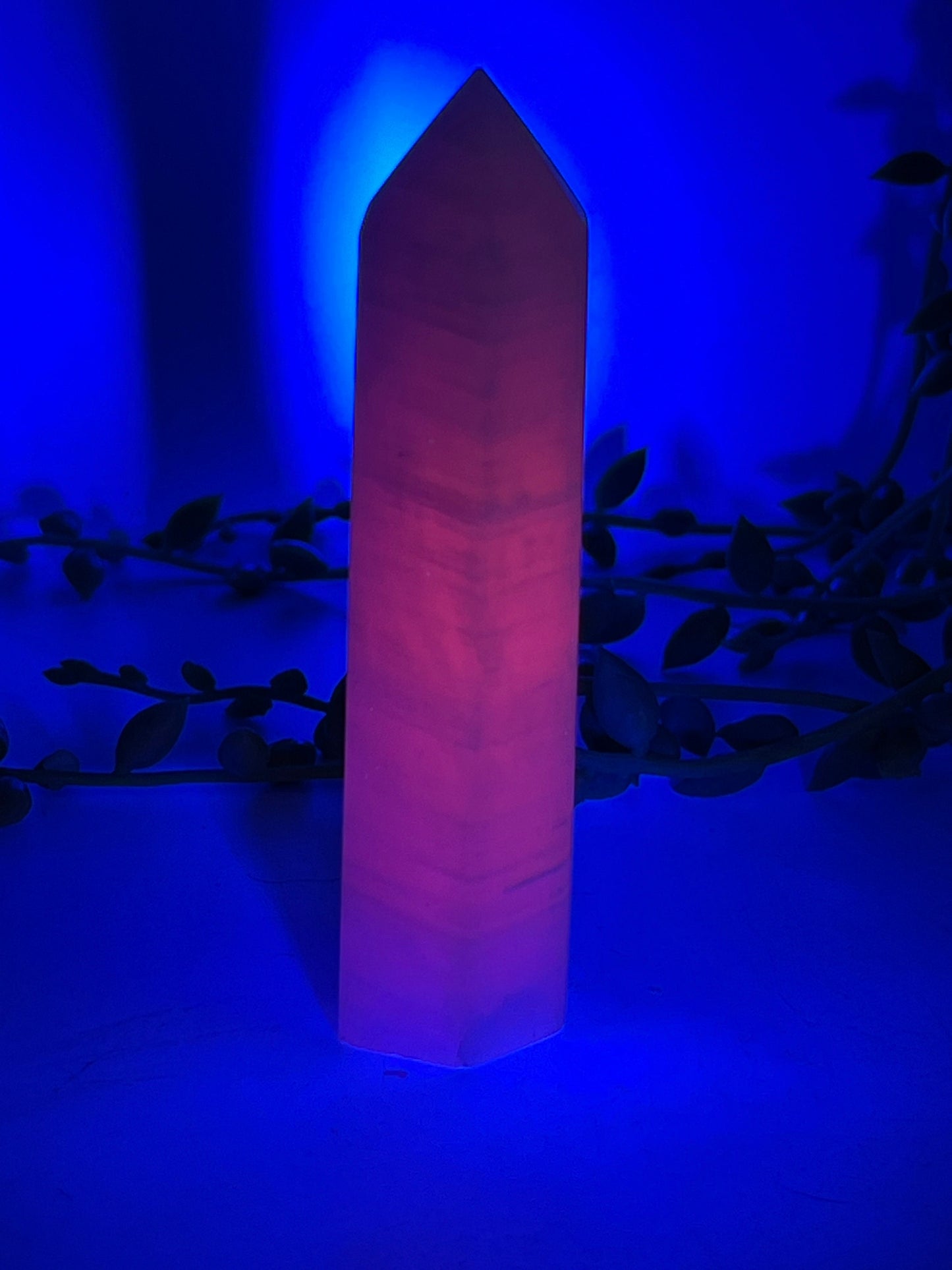 Mangano Pink Calcite Tower (A) Pink Calcite point. UV Reactive Russian Calcite. Crystal tower. Polished Manganoan Calcite from Russia