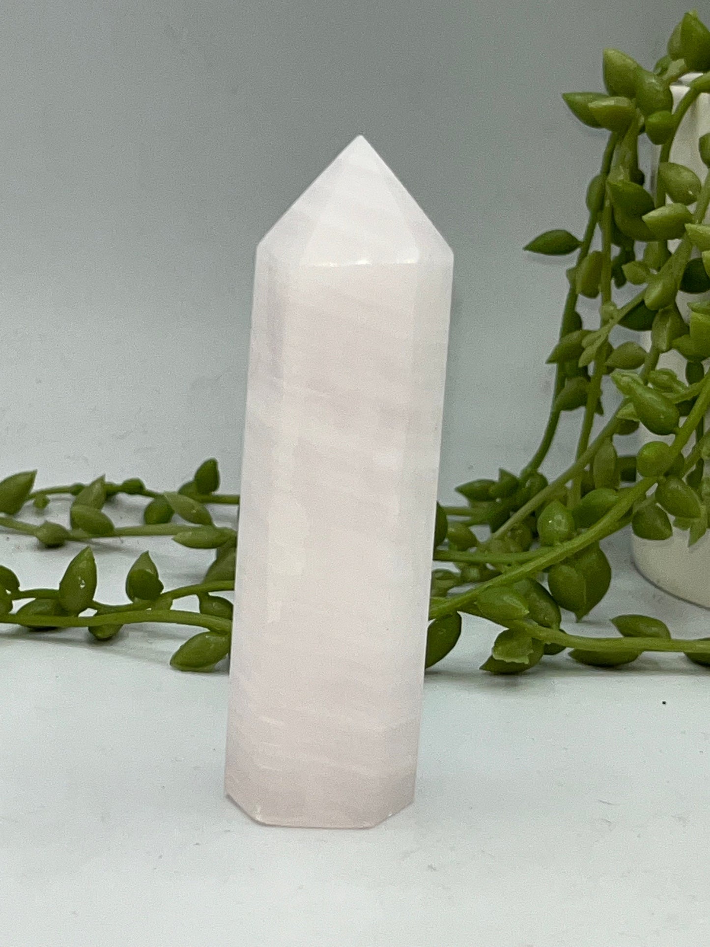 Mangano Pink Calcite Tower (B) Pink Calcite point. UV Reactive Russian Calcite. Crystal tower. Polished Manganoan Calcite from Russia