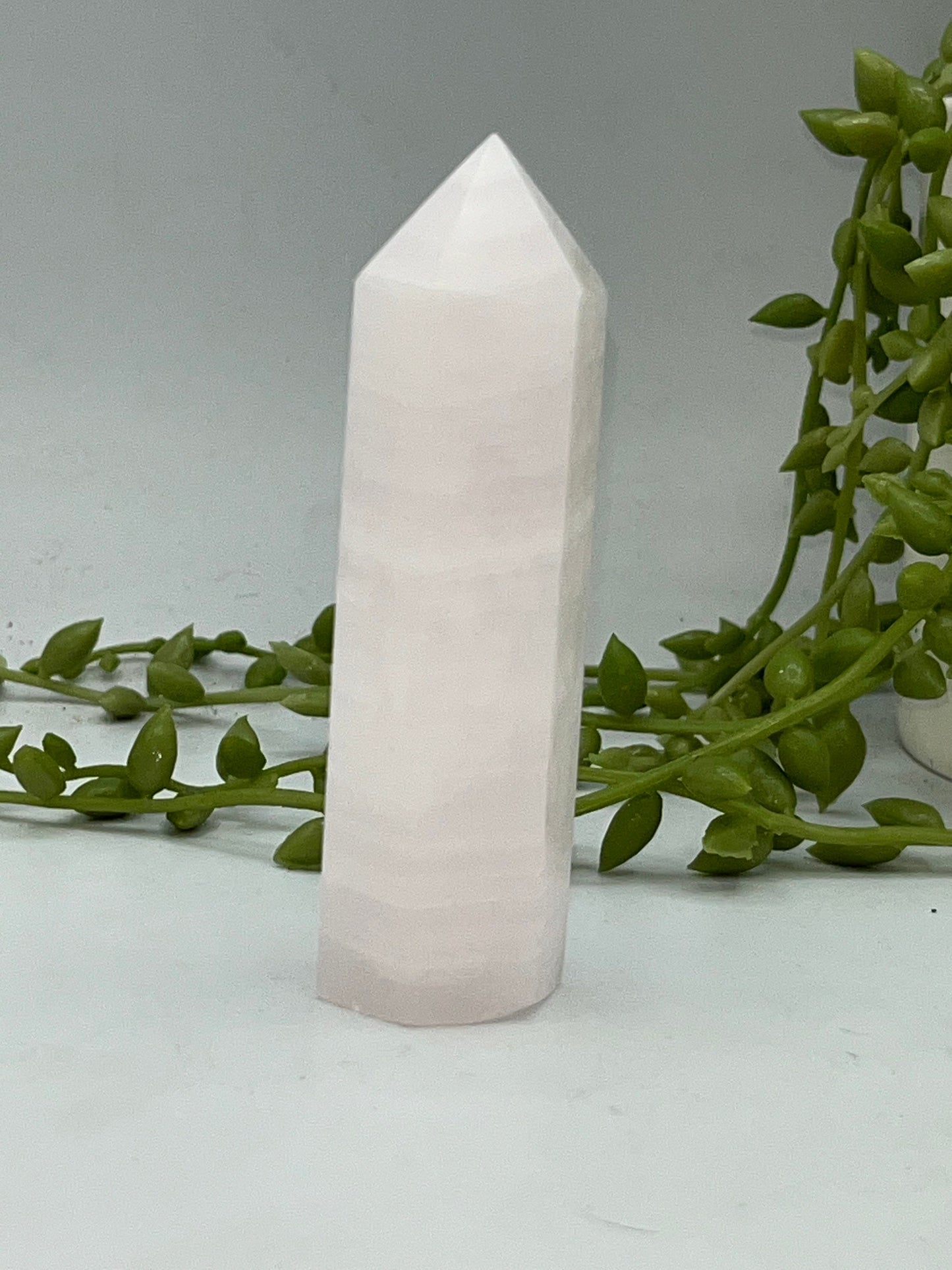 Mangano Pink Calcite Tower (B) Pink Calcite point. UV Reactive Russian Calcite. Crystal tower. Polished Manganoan Calcite from Russia