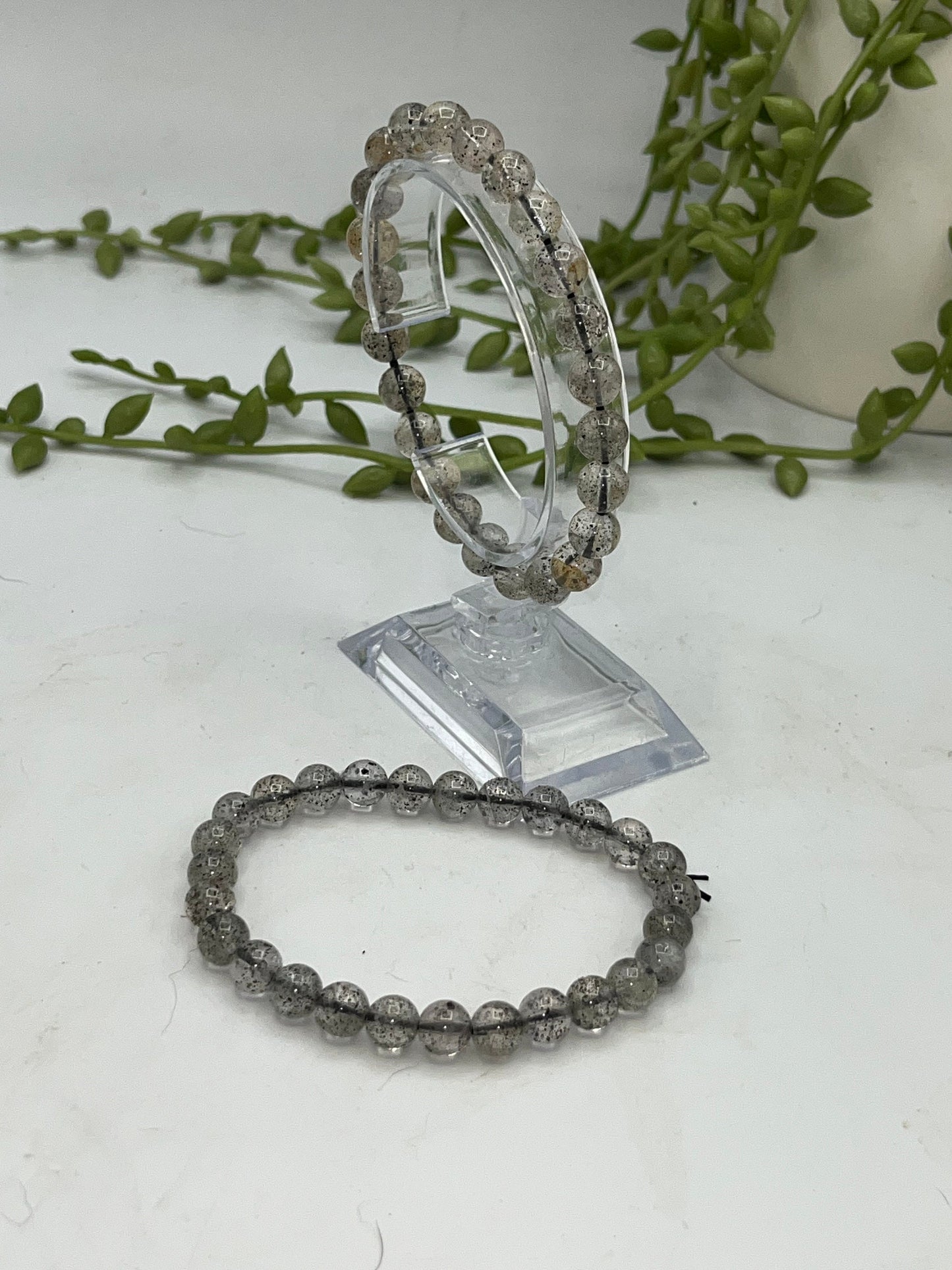 High Grade Clear Quartz with Biotite Mica inclusions, Crystal Bracelet. Black Mica, Rare Biotite.