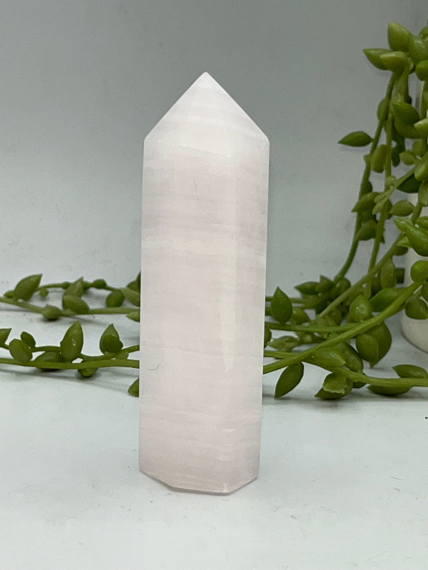 Mangano Pink Calcite Tower (B) Pink Calcite point. UV Reactive Russian Calcite. Crystal tower. Polished Manganoan Calcite from Russia