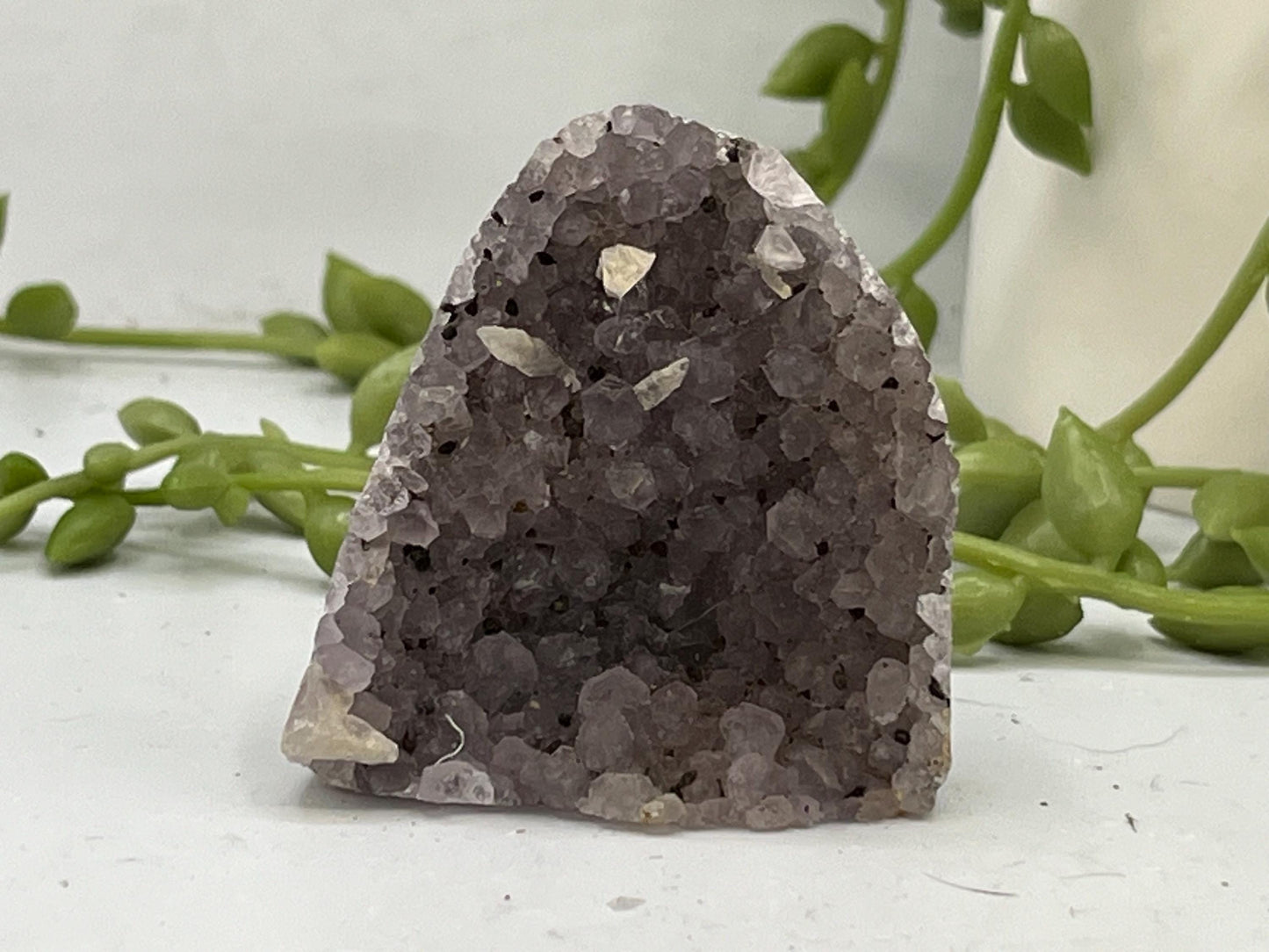 Mini Beautiful Smoky Grey/Lavender Amethyst Cathedral/Cluster, (8) Amethyst Free Form. Amethyst Geode, calcite, Iron Inclusions.