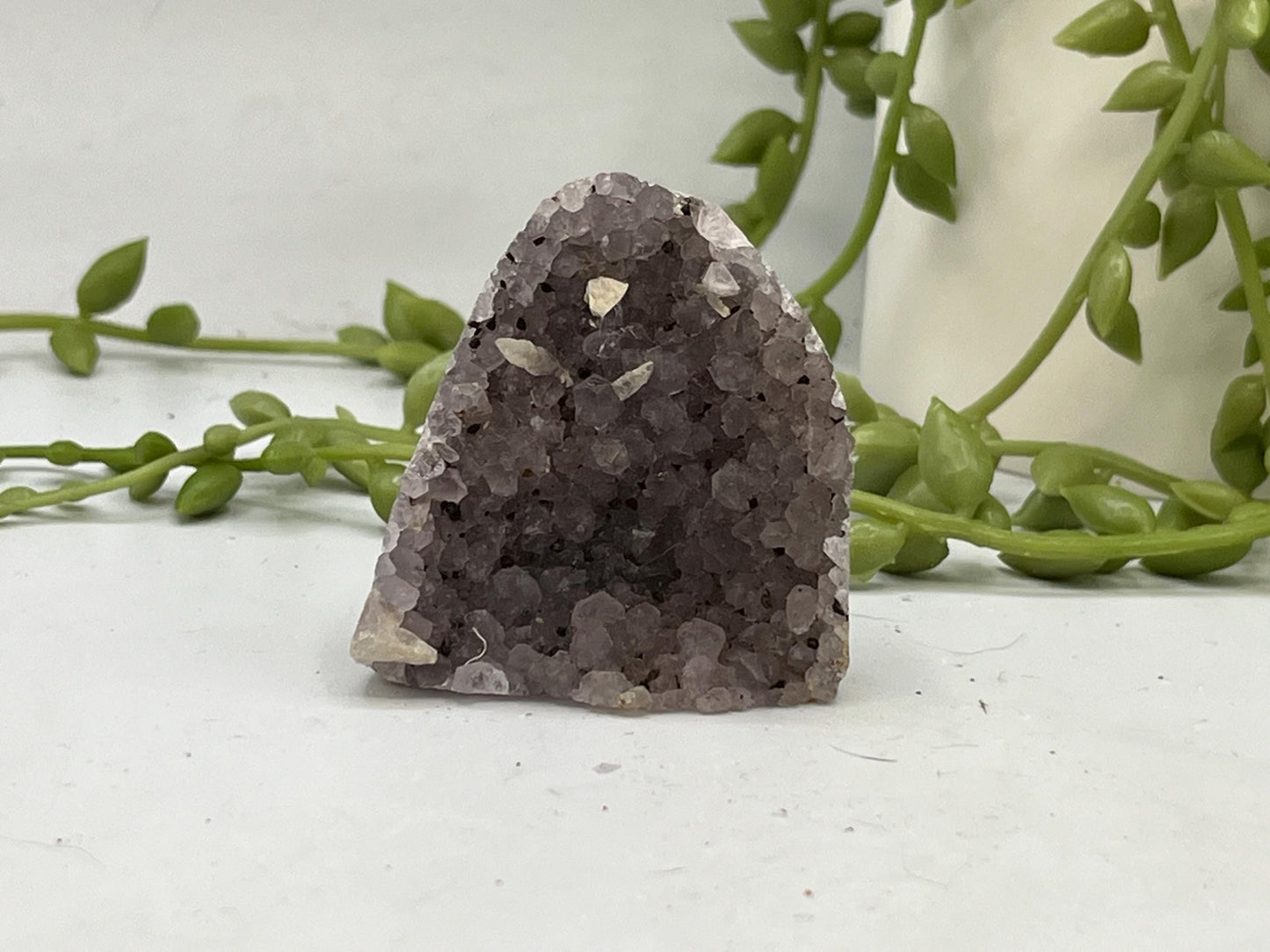 Mini Beautiful Smoky Grey/Lavender Amethyst Cathedral/Cluster, (8) Amethyst Free Form. Amethyst Geode, calcite, Iron Inclusions.