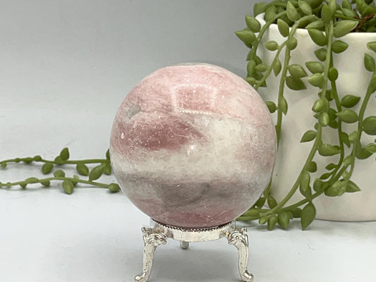 Peruvian Pink Opal sphere, (C) Natural Crystal, 6.9cm in diameter, Peppermint Candy sphere, heart chakra, perfect for anxiety & self healing