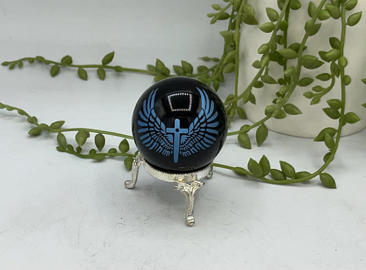 Black obsidian sphere with blue angel wings and crucifix engraving. crystal spheres, home decor, crystal healing, black Obsidian crystals