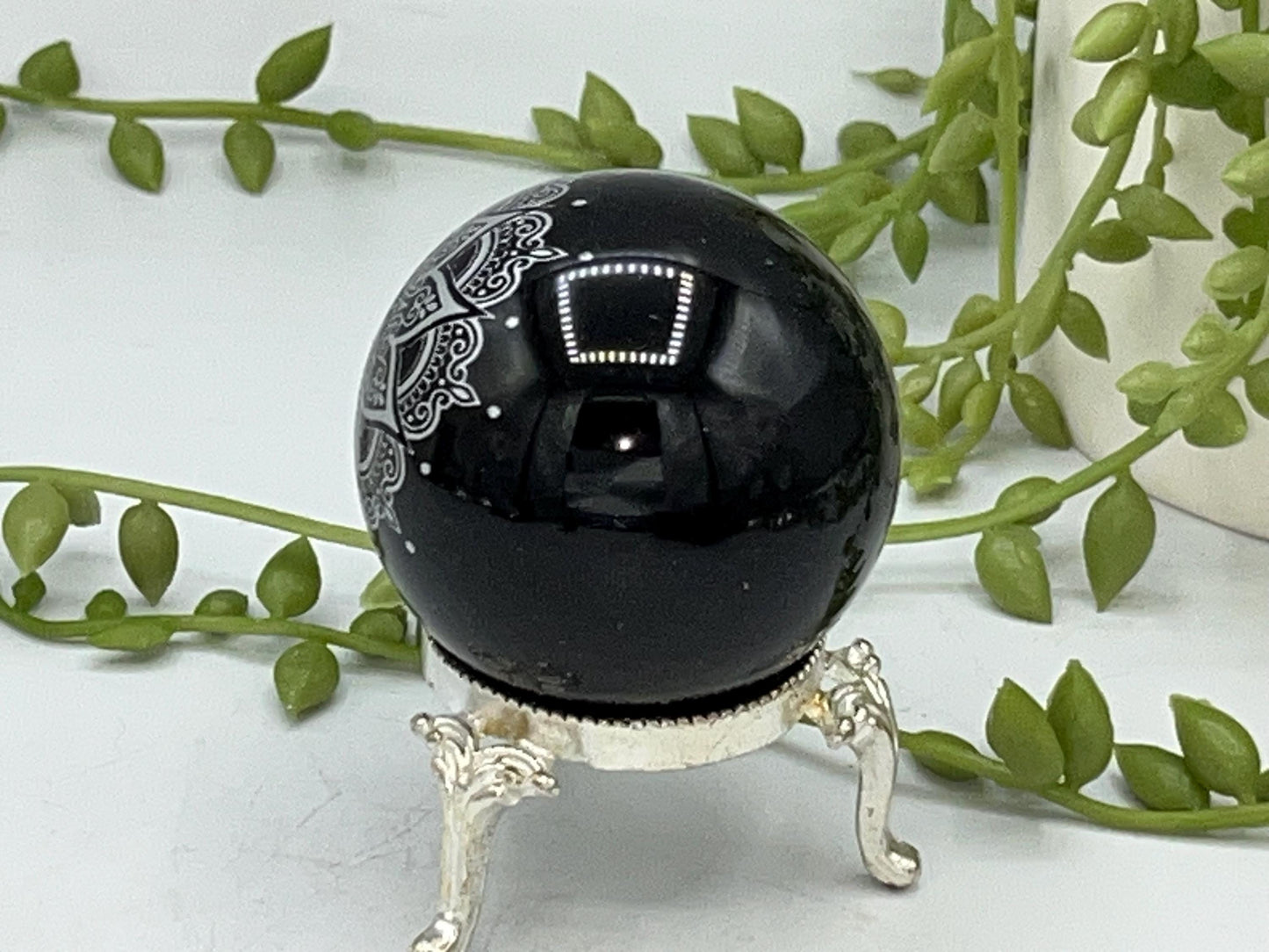 Black obsidian sphere with mandala pattern engraved in silver. crystal spheres, home decor, crystal healing, obsidian sphere, birthday gift