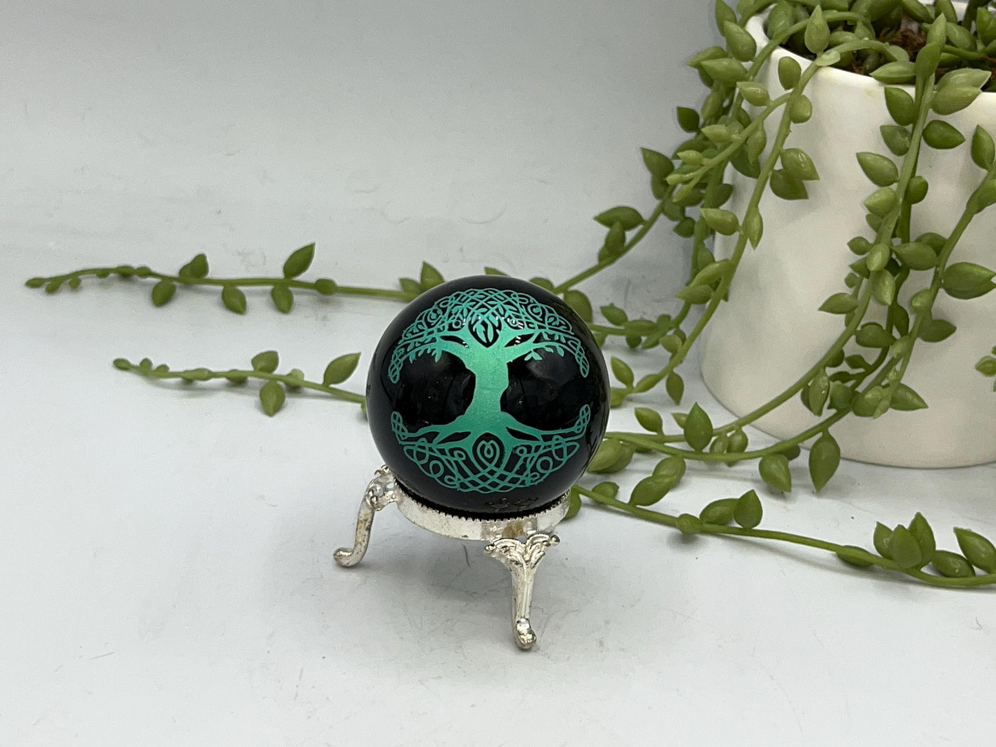 Black Obsidian Sphere, Norse/Celtic style tree of life design engraved in metallic green. Crystal Spheres, home decor, Birthday Gift