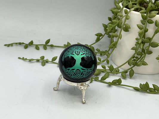 Black Obsidian Sphere, Norse/Celtic style tree of life design engraved in metallic green. Crystal Spheres, home decor, Birthday Gift