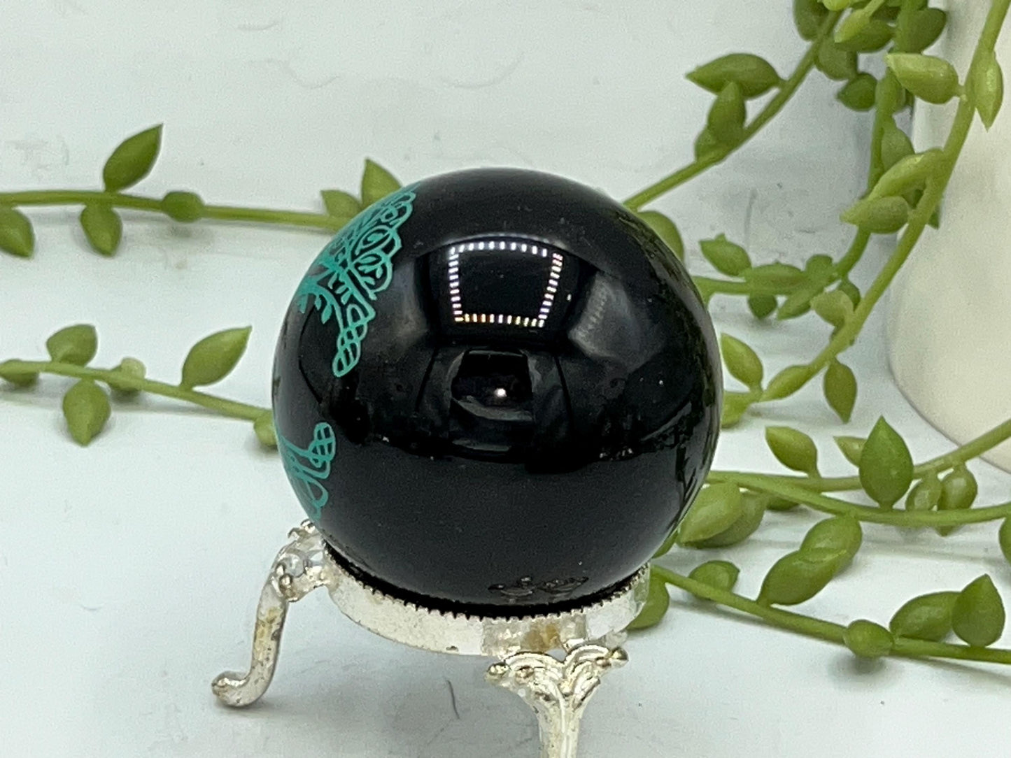 Black Obsidian Sphere, Norse/Celtic style tree of life design engraved in metallic green. Crystal Spheres, home decor, Birthday Gift