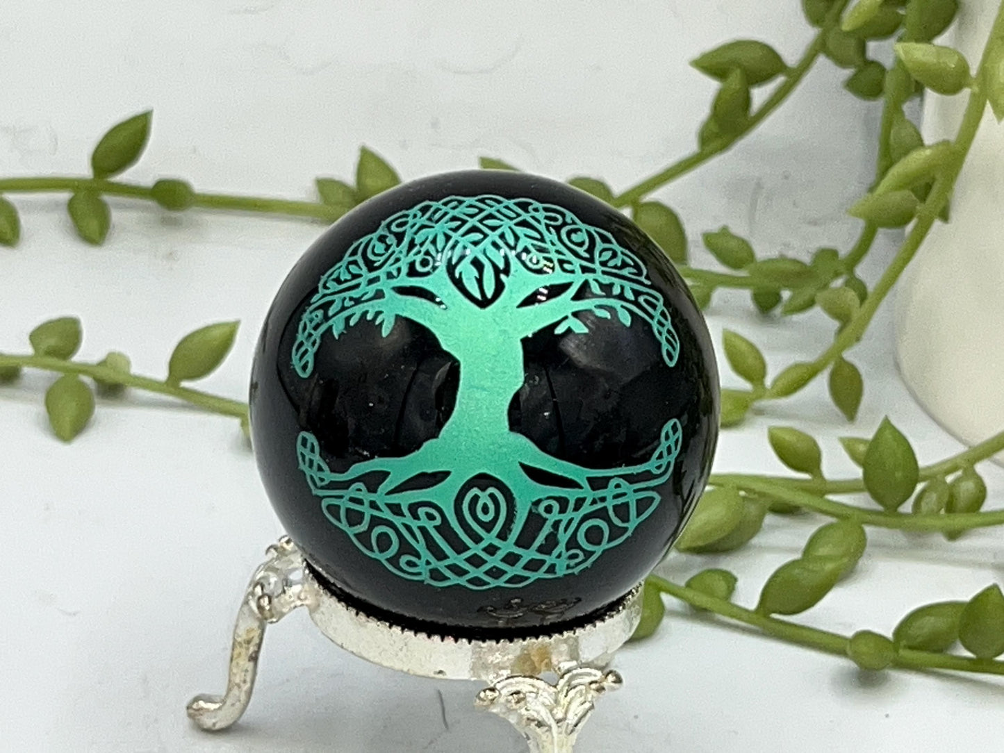 Black Obsidian Sphere, Norse/Celtic style tree of life design engraved in metallic green. Crystal Spheres, home decor, Birthday Gift