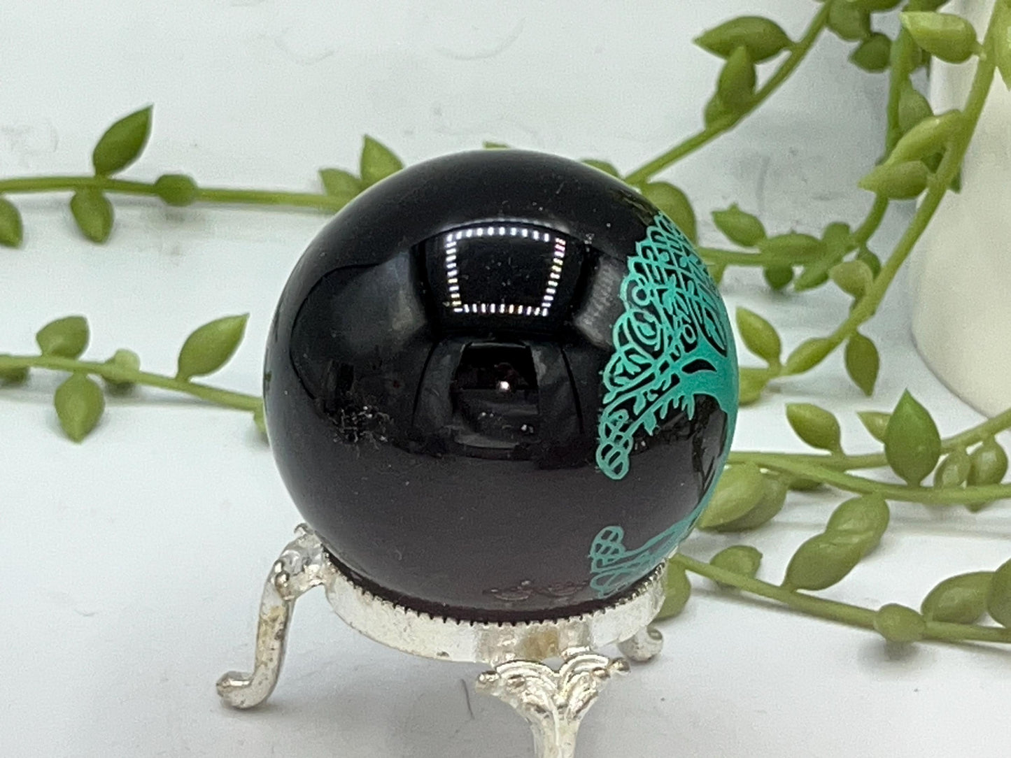 Black Obsidian Sphere, Norse/Celtic style tree of life design engraved in metallic green. Crystal Spheres, home decor, Birthday Gift