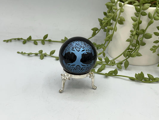 Black Obsidian Sphere, Norse/Celtic style tree of life design engraved in metallic blue. Crystal Spheres, home decor, Birthday Gift