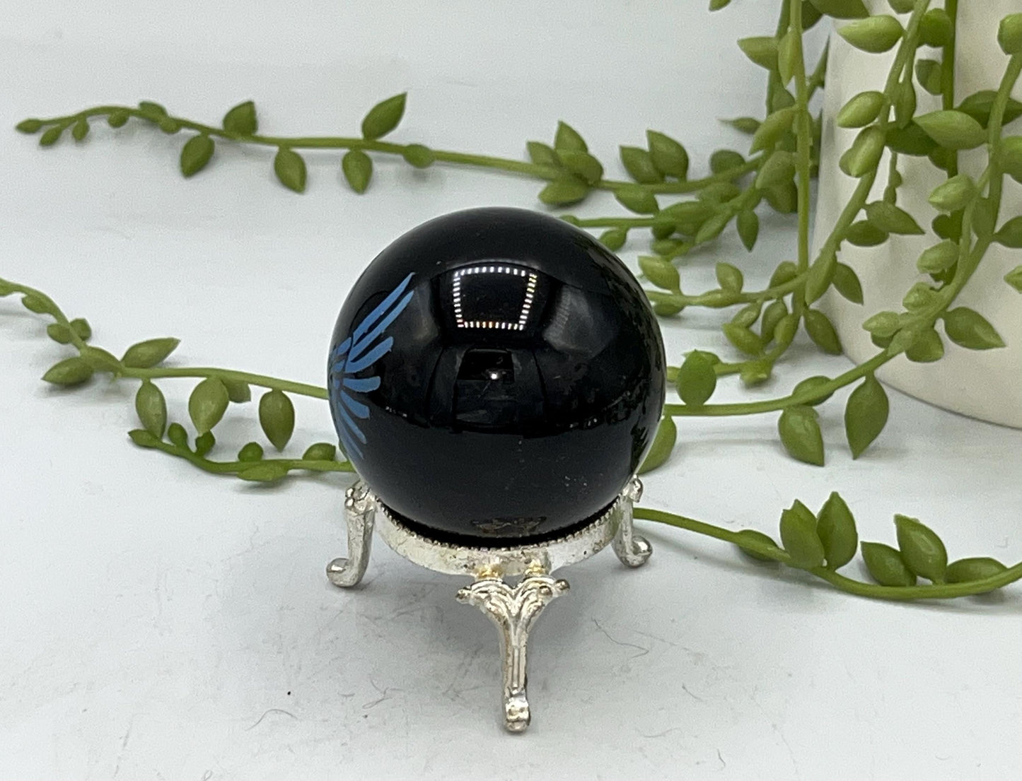 Black obsidian sphere with blue angel wings and crucifix engraving. crystal spheres, home decor, crystal healing, black Obsidian crystals