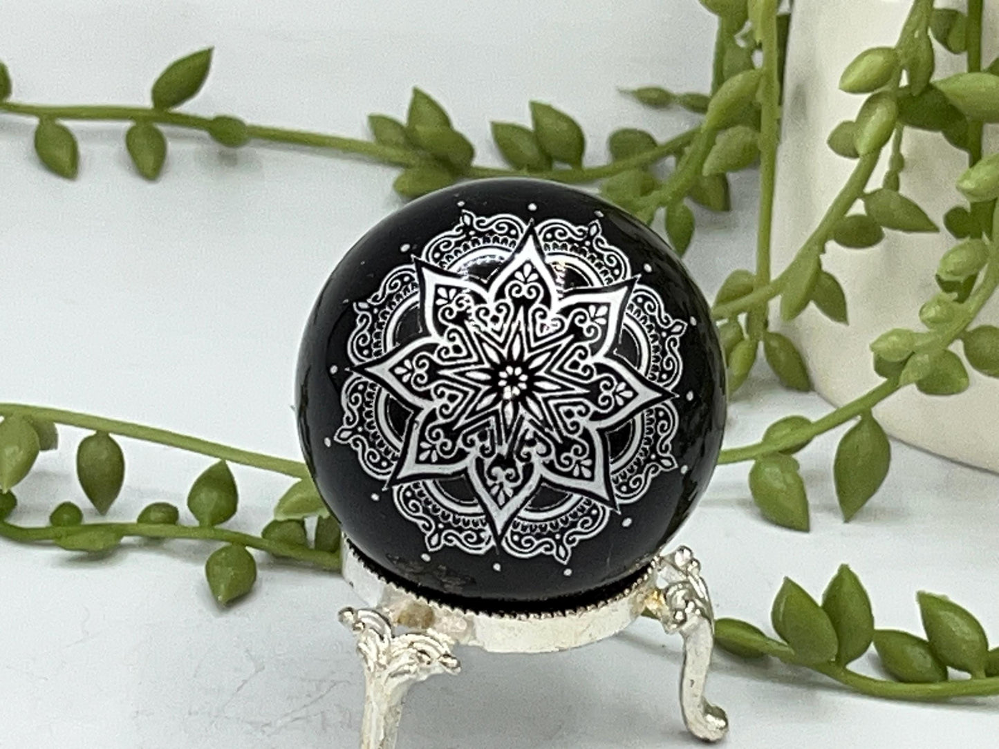 Black obsidian sphere with mandala pattern engraved in silver. crystal spheres, home decor, crystal healing, obsidian sphere, birthday gift