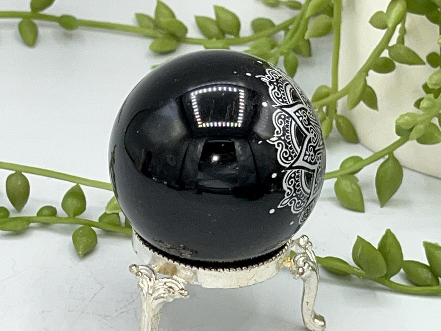 Black obsidian sphere with mandala pattern engraved in silver. crystal spheres, home decor, crystal healing, obsidian sphere, birthday gift