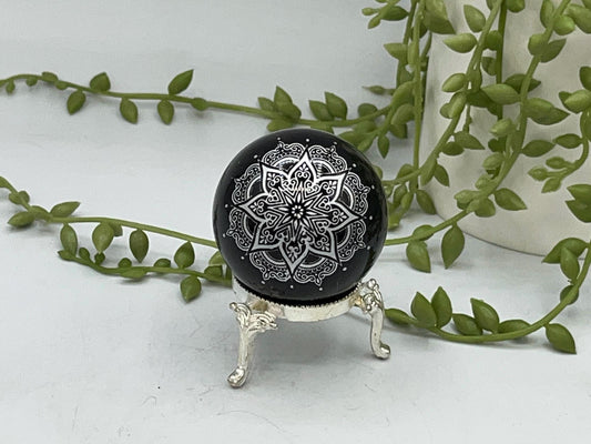 Black obsidian sphere with mandala pattern engraved in silver. crystal spheres, home decor, crystal healing, obsidian sphere, birthday gift