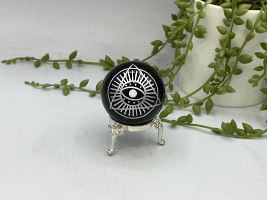 Black Obsidian Sphere with a beautiful Eye of Horus design engraved in silver. Crystal Spheres, home decor, Obsidian Sphere, Birthday Gift