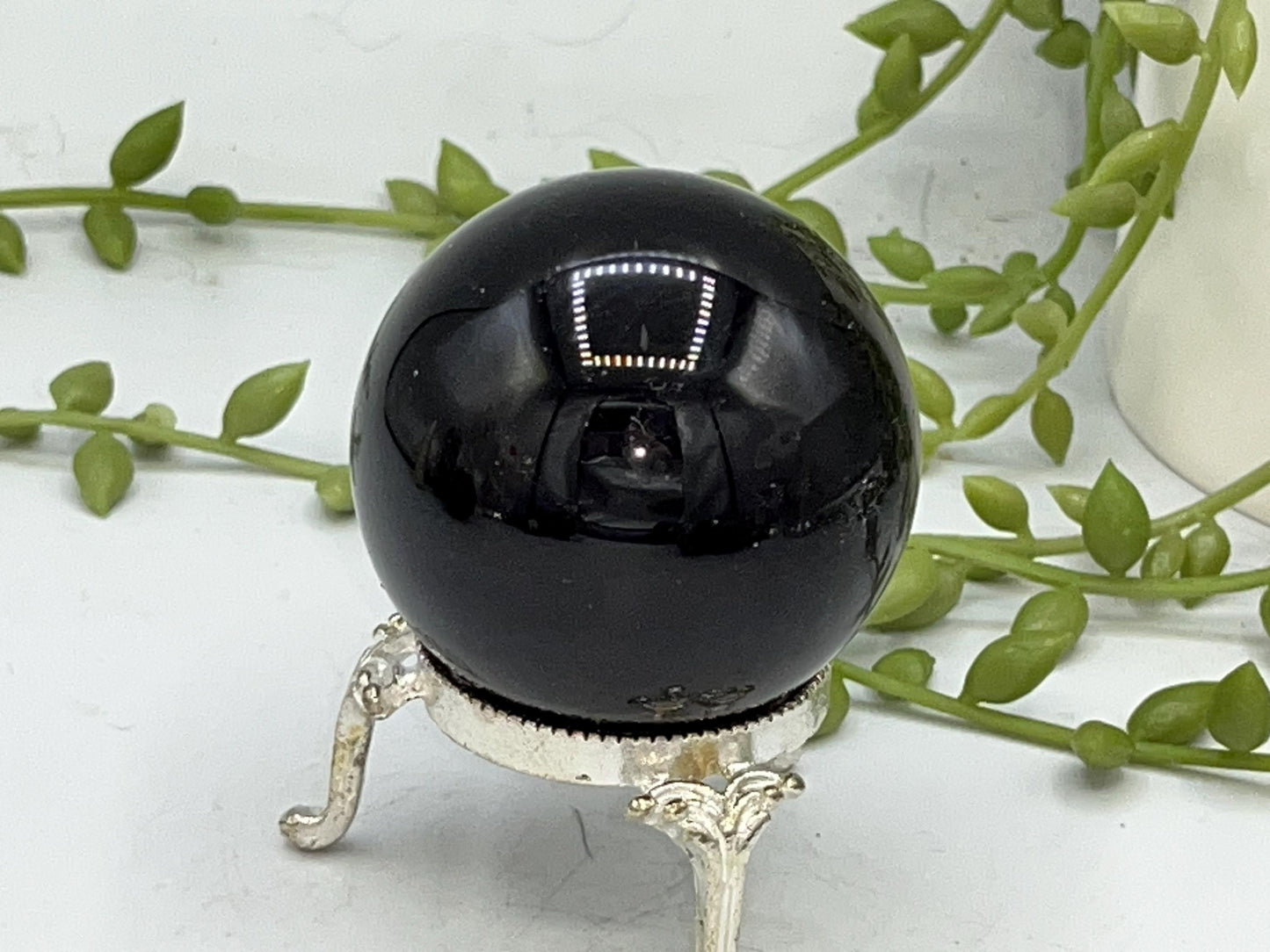 Black Obsidian Sphere, Norse/Celtic style tree of life design engraved in metallic green. Crystal Spheres, home decor, Birthday Gift