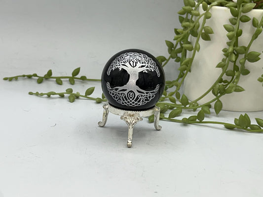 Black Obsidian Sphere, Norse/Celtic style tree of life design engraved in metallic silver. Crystal Spheres, home decor, Birthday Gift