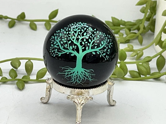Black Obsidian Sphere with a metalic green tree of life design engraved. Crystal Spheres, home decor, Birthday Gift