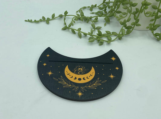 Tarot card of the day holder. Wooden crescent moon with flowers tarot/oracle card holder, card of the day, altar stand