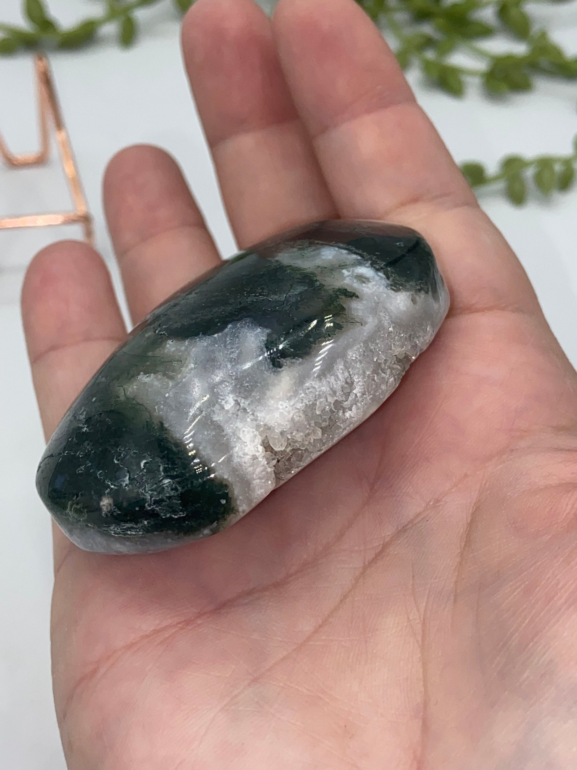 Dark Green Moss Agate Druzy Palm Stone (A) Worry stone, Mocha stone, quartz inclusions