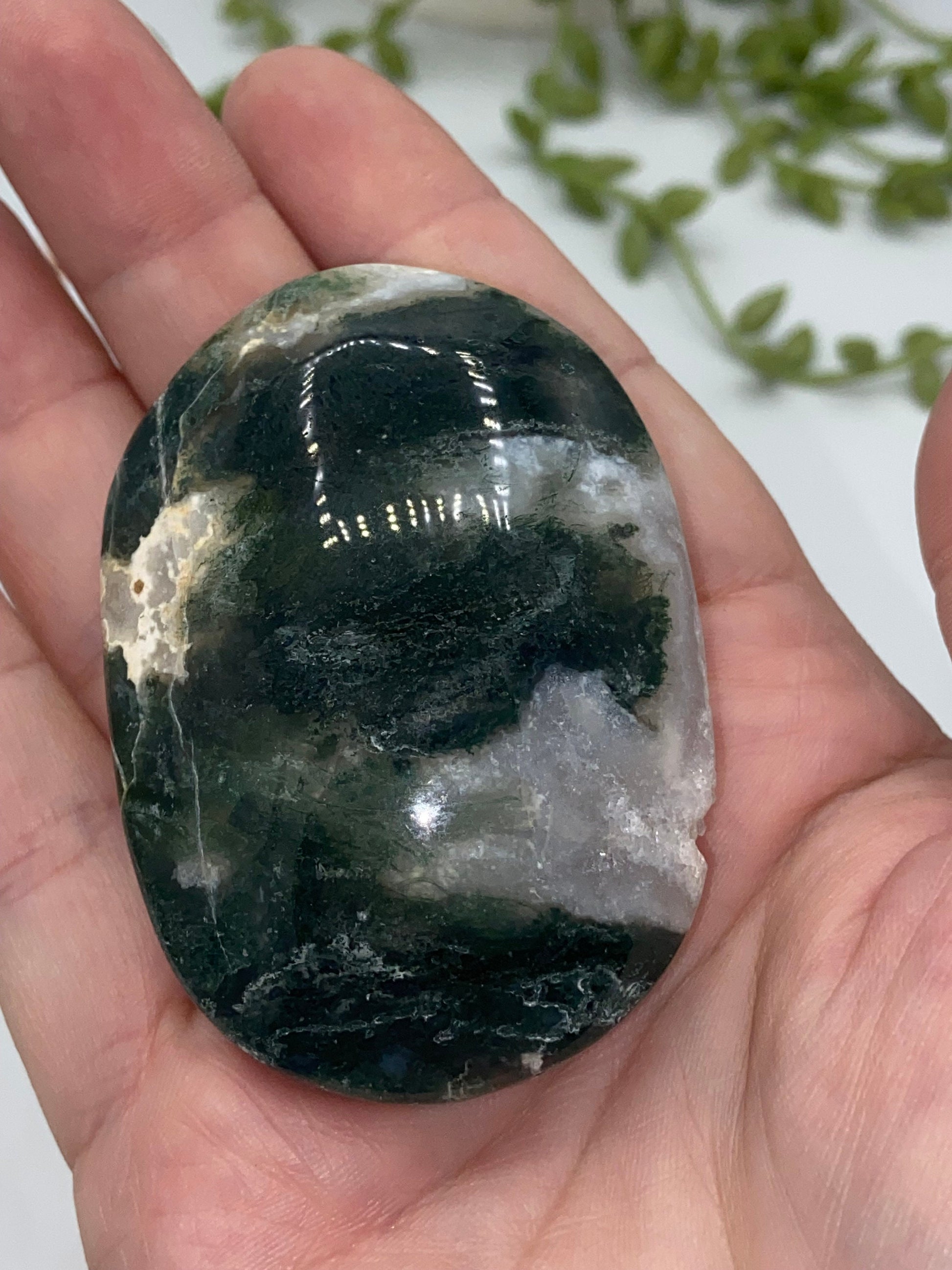 Dark Green Moss Agate Druzy Palm Stone (A) Worry stone, Mocha stone, quartz inclusions